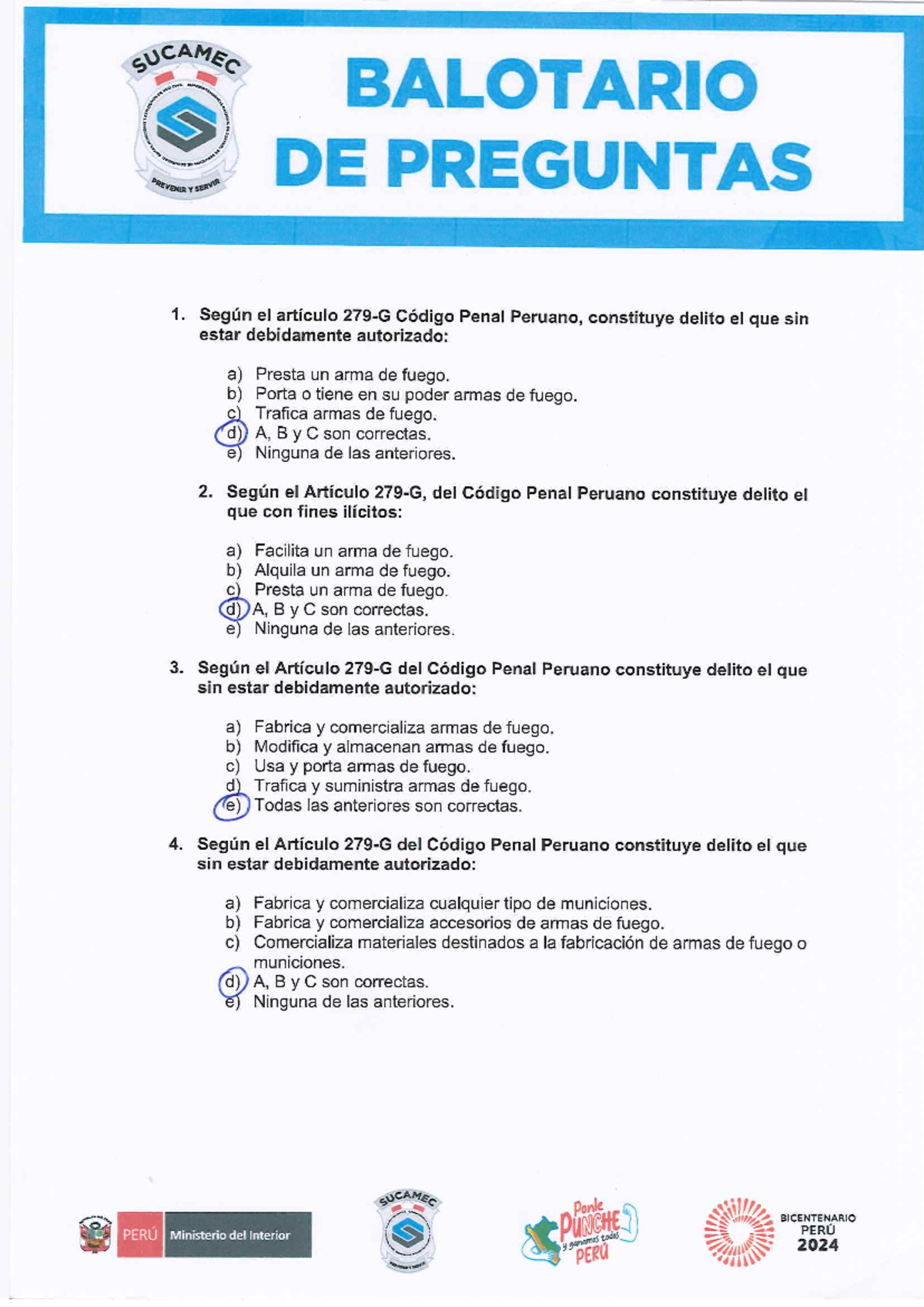 SUCAMEC BALOTARIO DE PREGUNTAS SOBRE ARMAS DE FUEGO Y SEGURIDAD - Document Preview