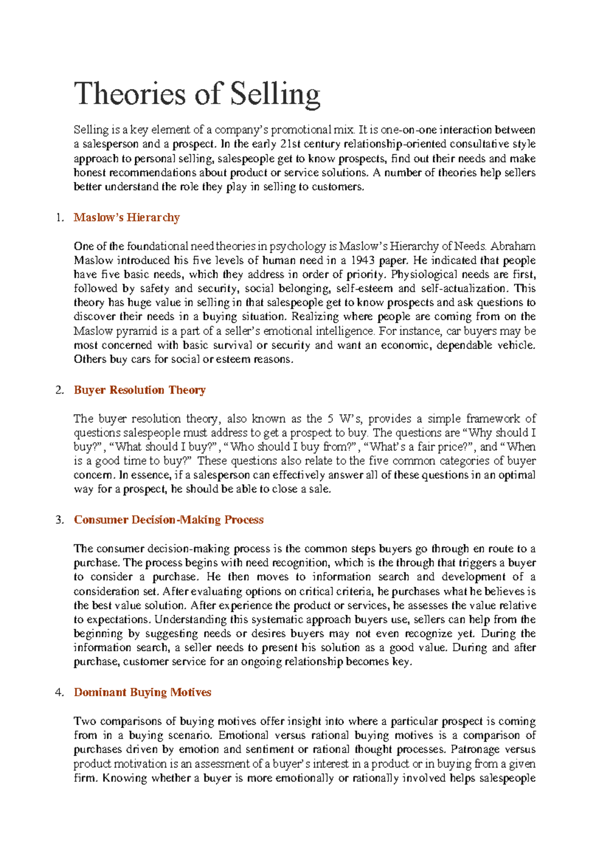 Theories of Selling - Course Notes on Key Selling Concepts - Studocu