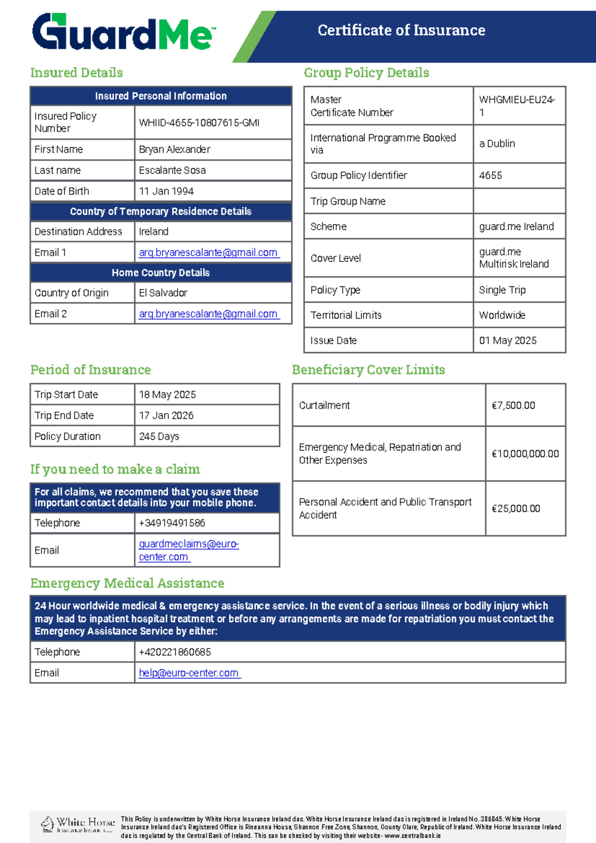 Guard.me Medical Insurance Certificate for Bryan Escalante - Studocu