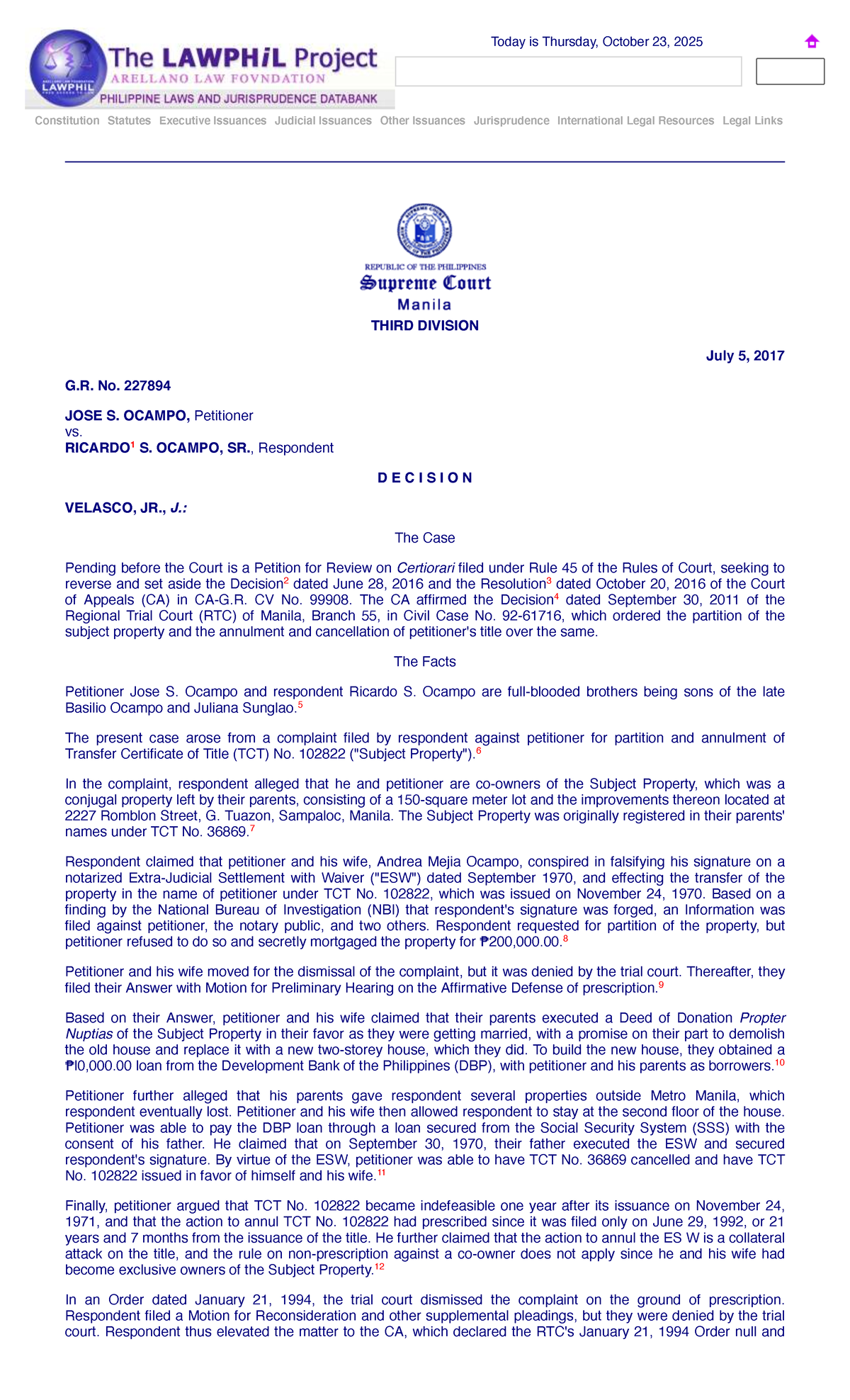 Pll23 Ocampo v. Ocampo: G.R. No. 227894 Decision Analysis - Studocu