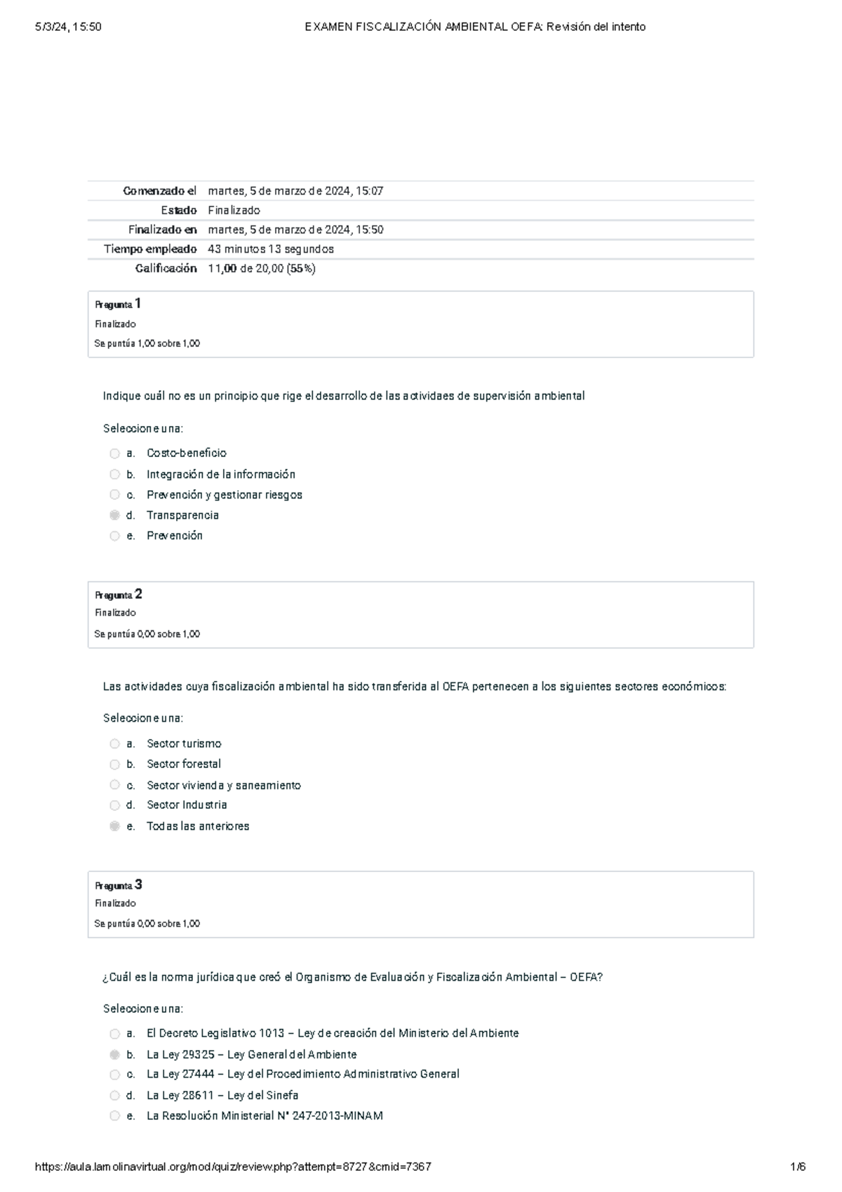 Examen Final de Fiscalización Ambiental OEFA - Revisión 2024 - Document Preview