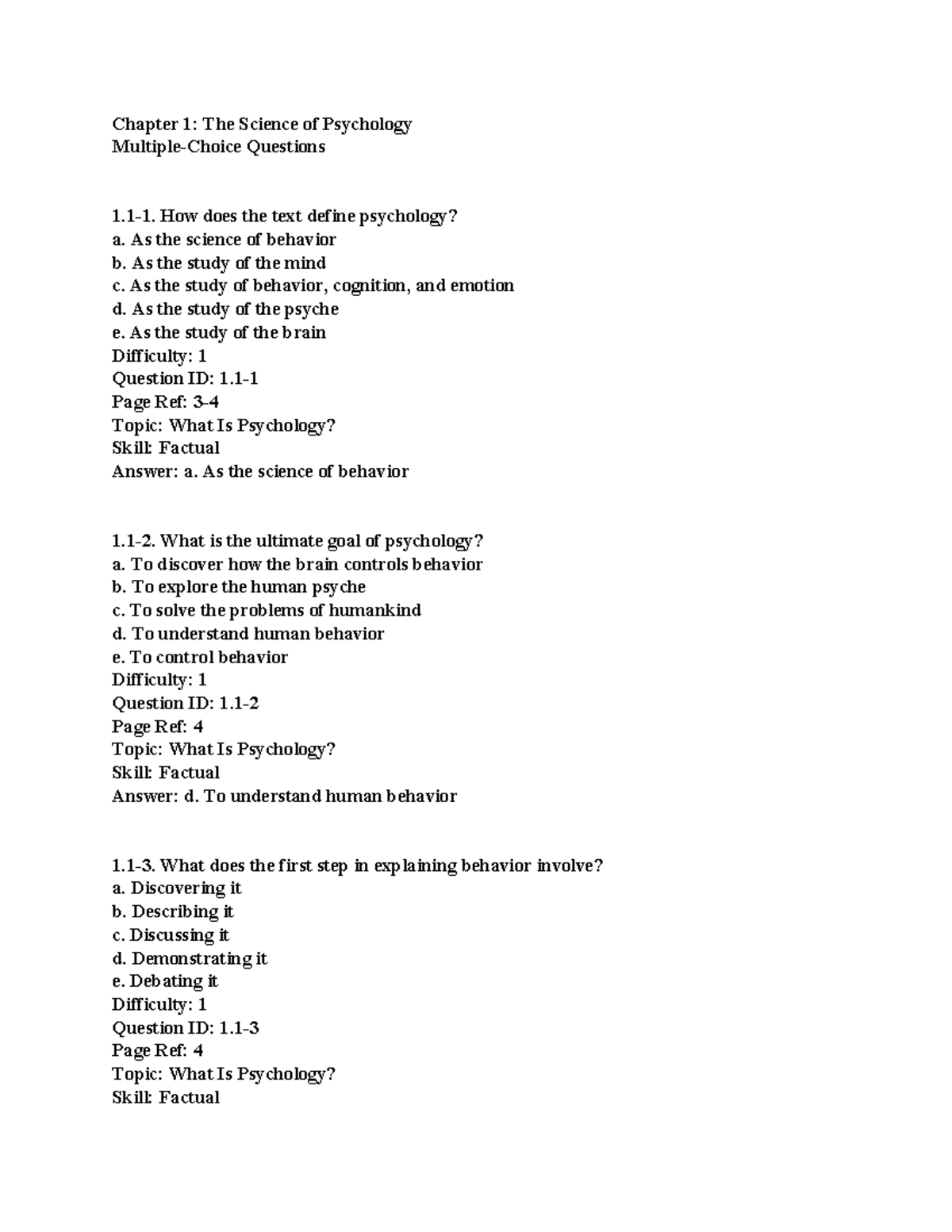 Chapter 1 - note - Chapter 1: The Science of Psychology Multiple-Choice ...