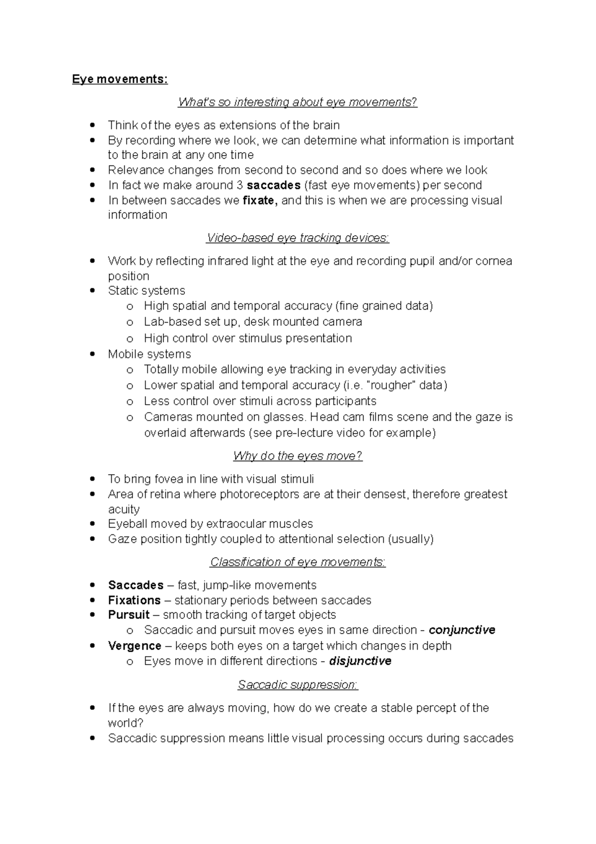 L10 Eye movements - Lecture notes 10 - Eye movements: What’s so ...