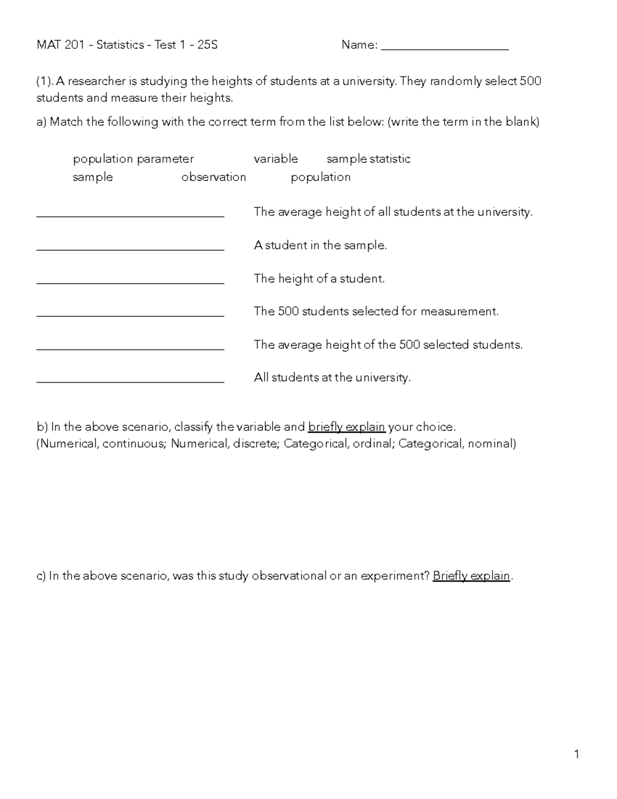 MAT 201 – Statistics – Test 1 – Key Exam Concepts and Questions - Studocu