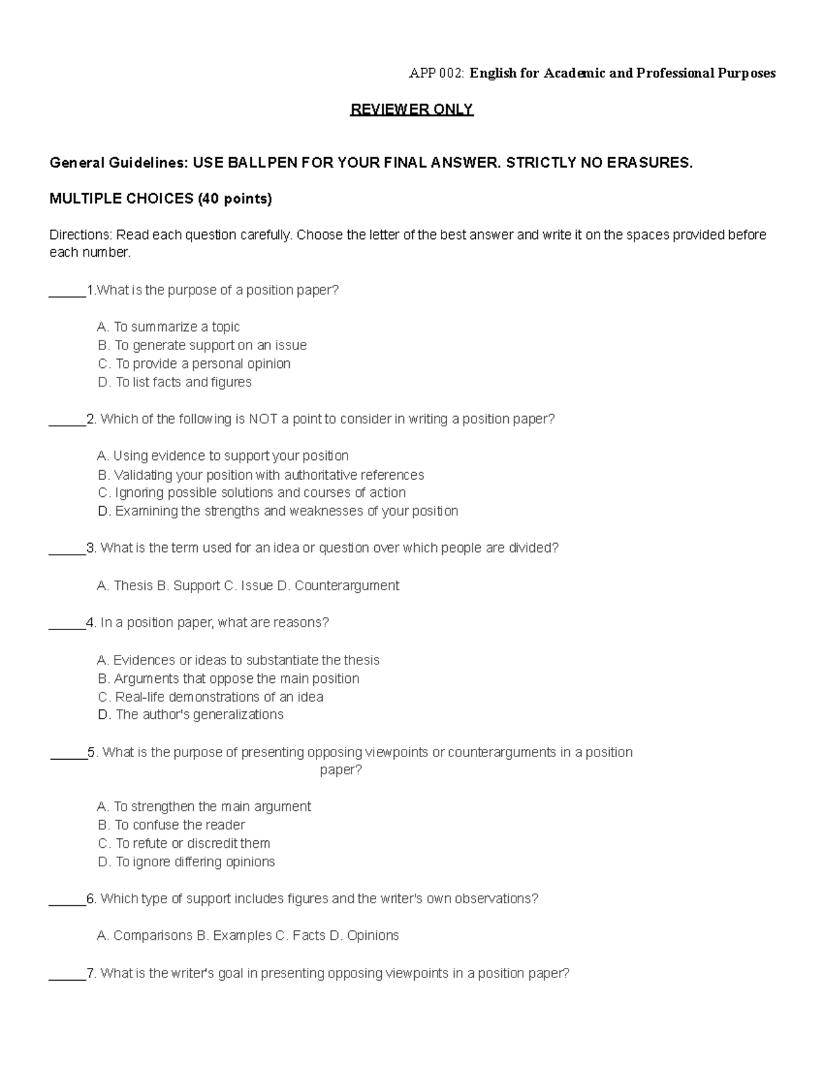 APP 002: English for Academic and Professional Purposes Final Exam ...