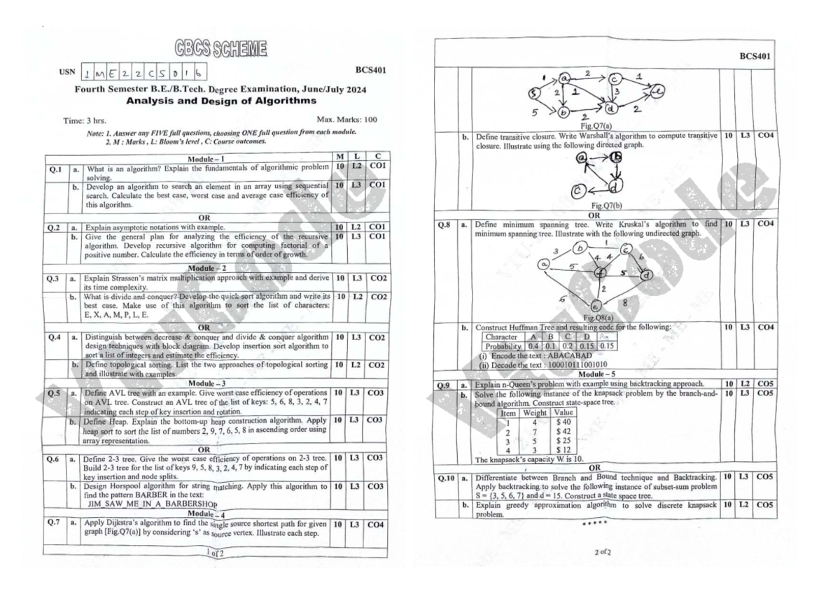 BCS401 Fourth Sem Exam: Analysis & Design of Algorithms Notes - Studocu