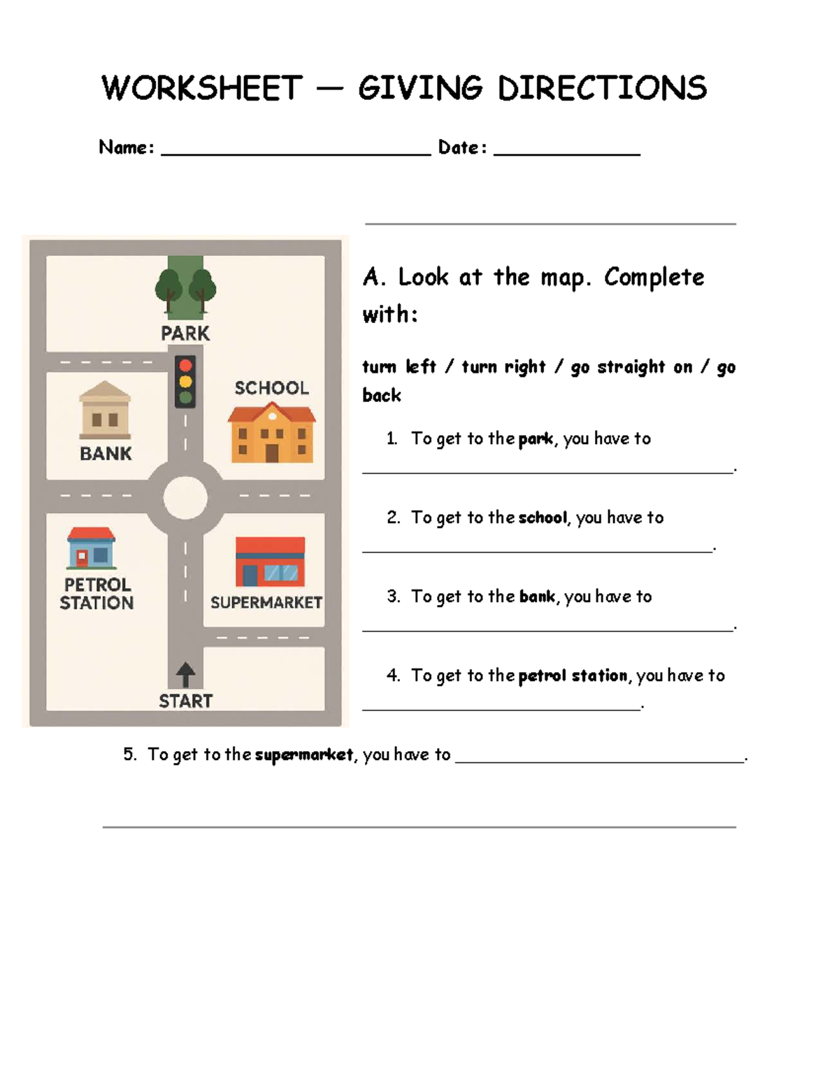 Worksheet — Giving Directions - WORKSHEET — GIVING DIRECTIONS Name