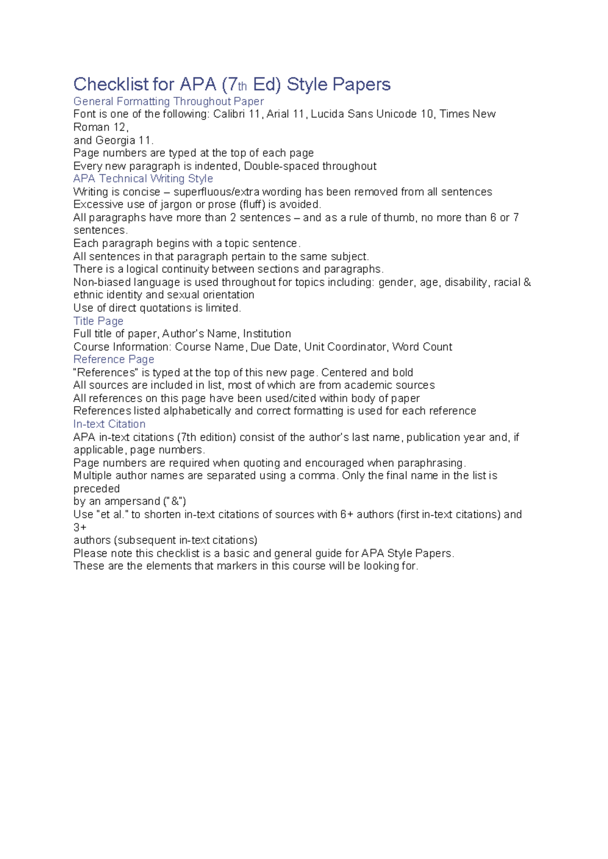 APA 7th Ed. Style Paper Checklist: General Formatting Guidelines - Studocu
