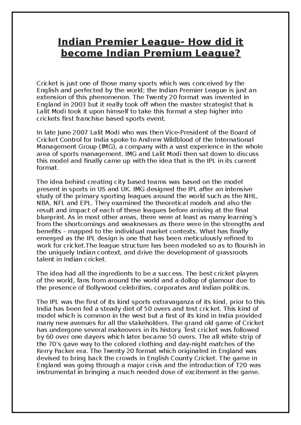 IPL Case Study- Marketing Management - Indian Premier League- How did ...