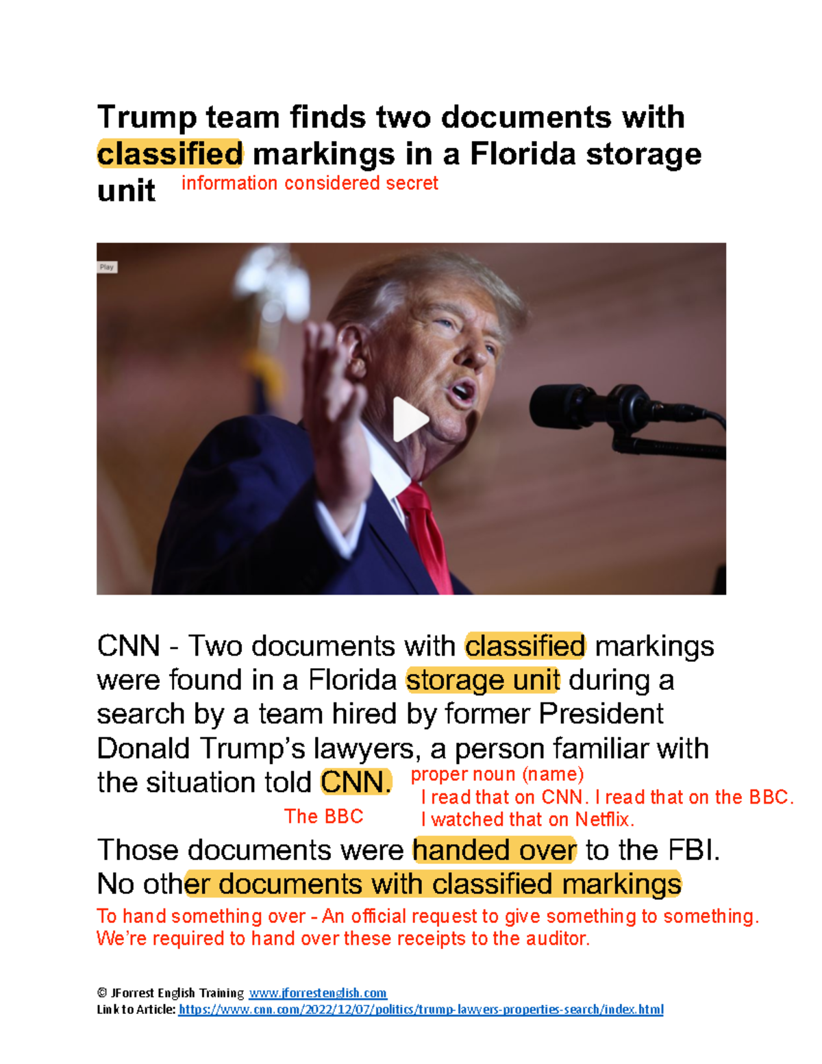 CNN Article: Trump Documents Found in Storage - JForrest English ...