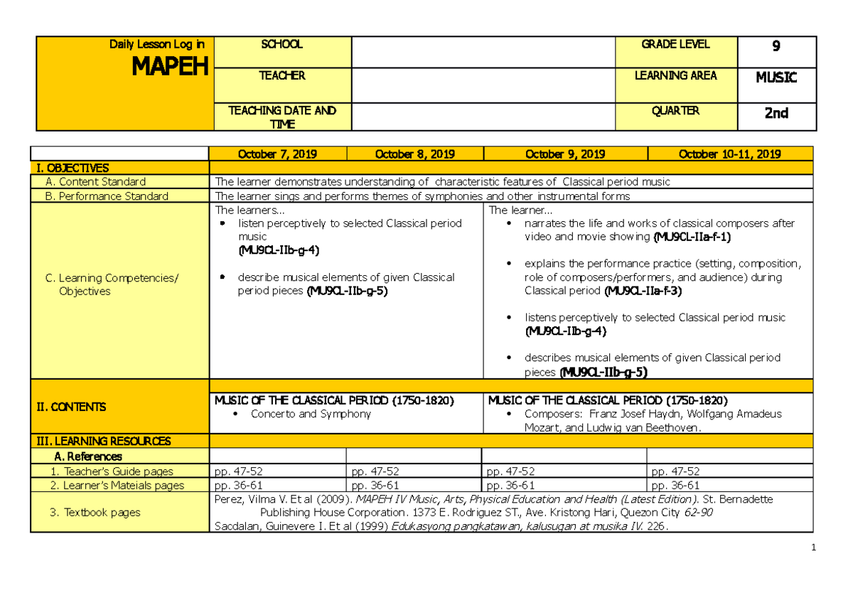 Q2 Grade 9 Music DLL: Classical Period Lesson Plan - Studocu