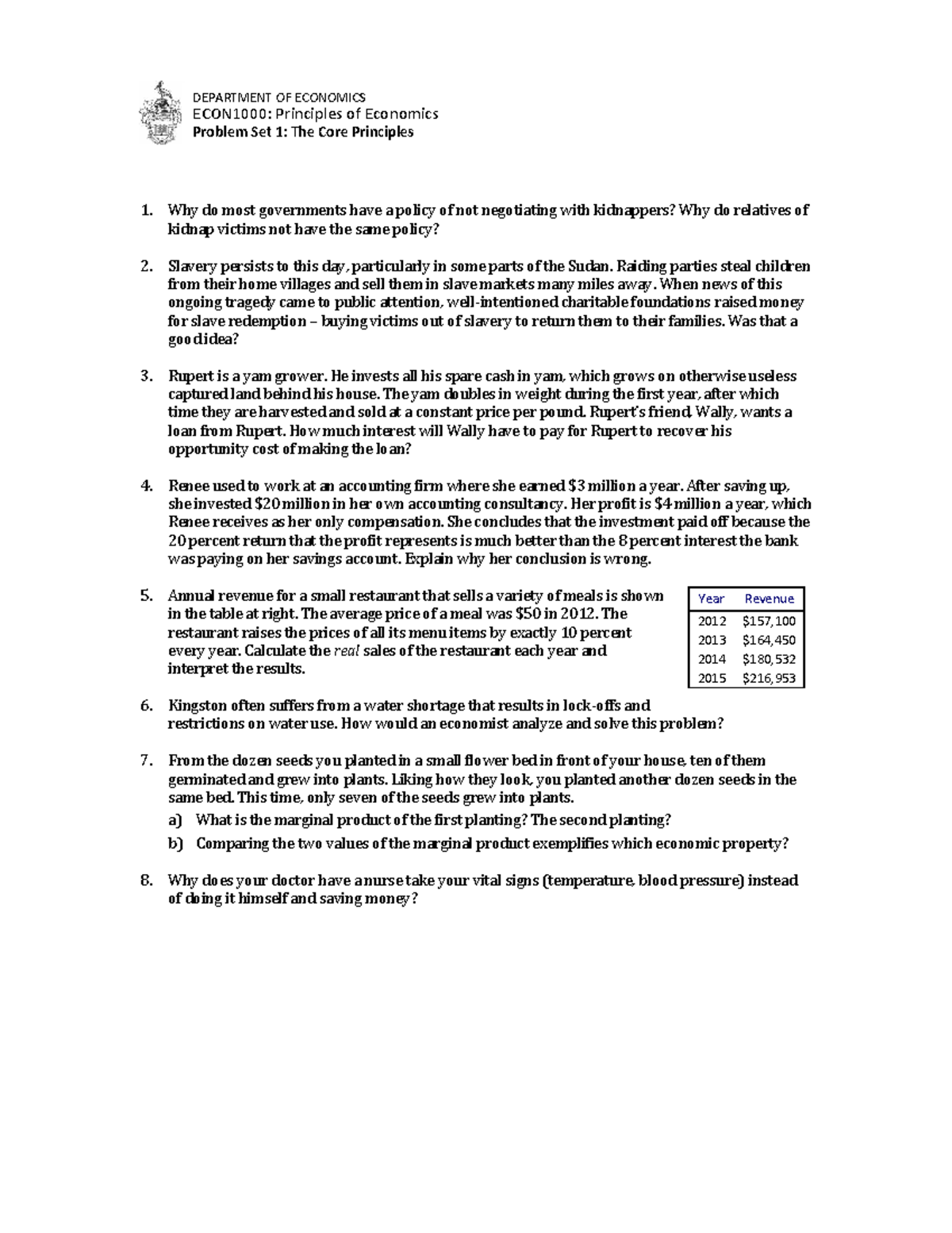 ECON 101: Principles of Economics Problem Set 1 - Core Concepts - Studocu