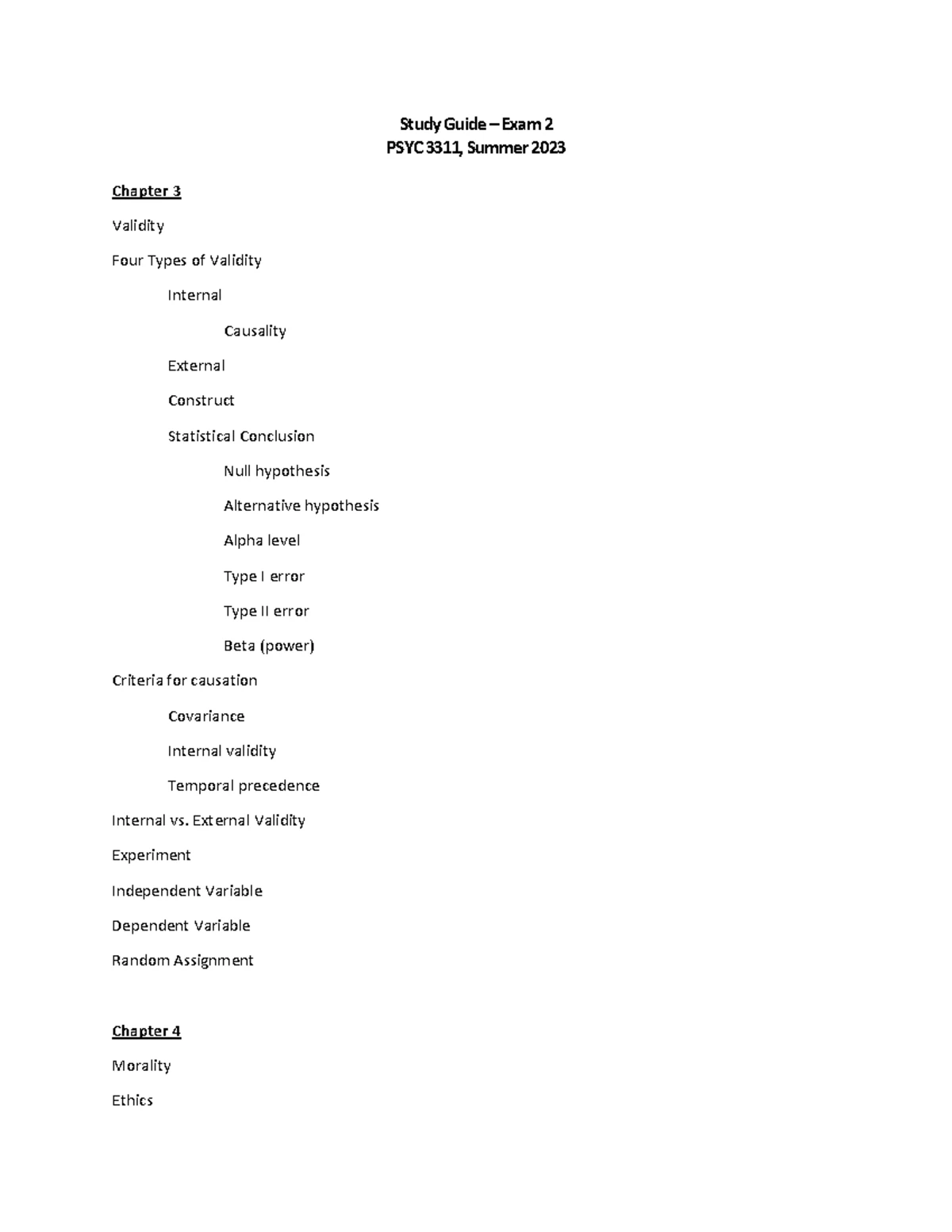 Psychology 311 Exam 1 Study Guide: Research Methods and Ethics ...