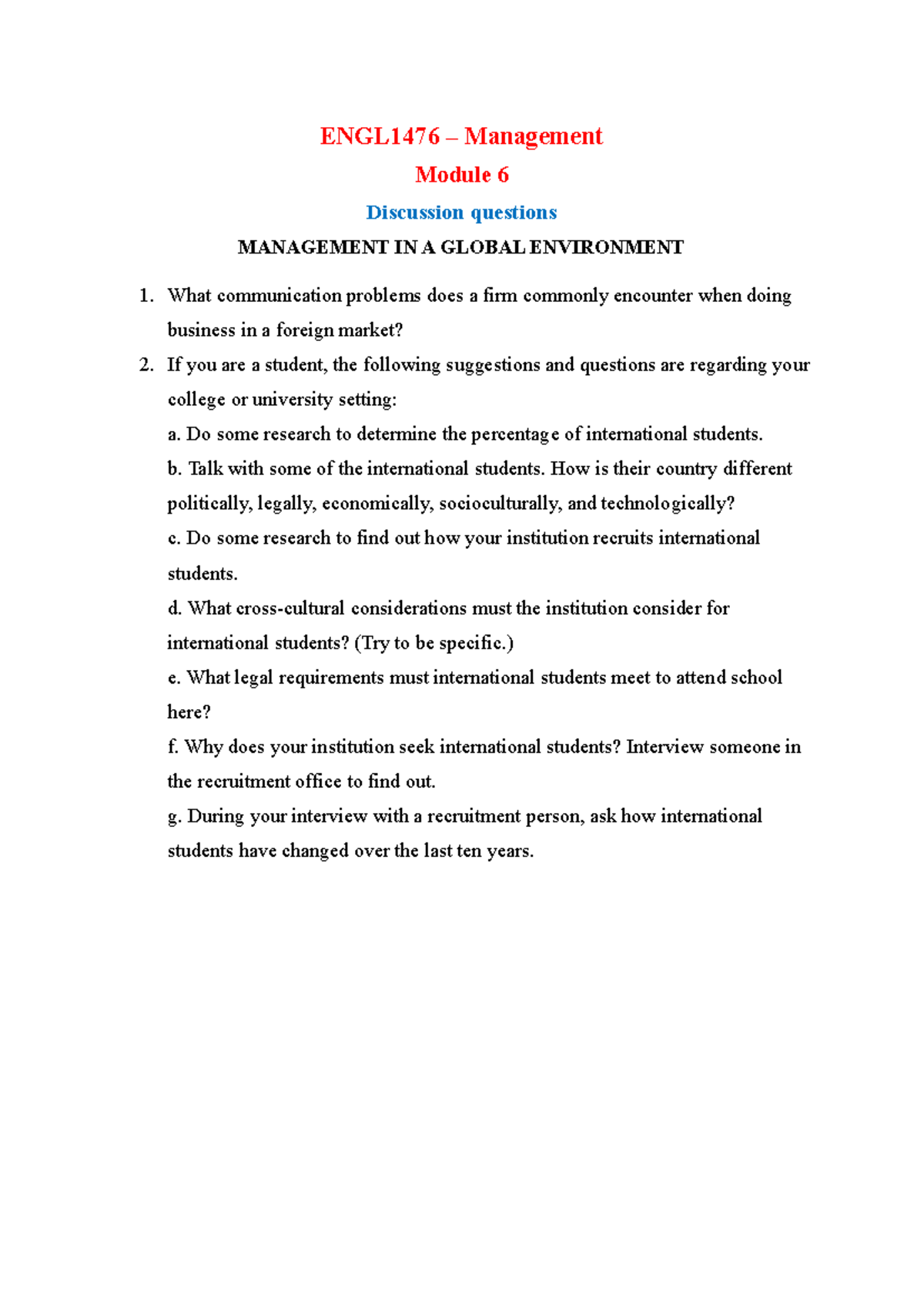 ENGL1476 Management Module 6: Global Environment Discussion Questions ...