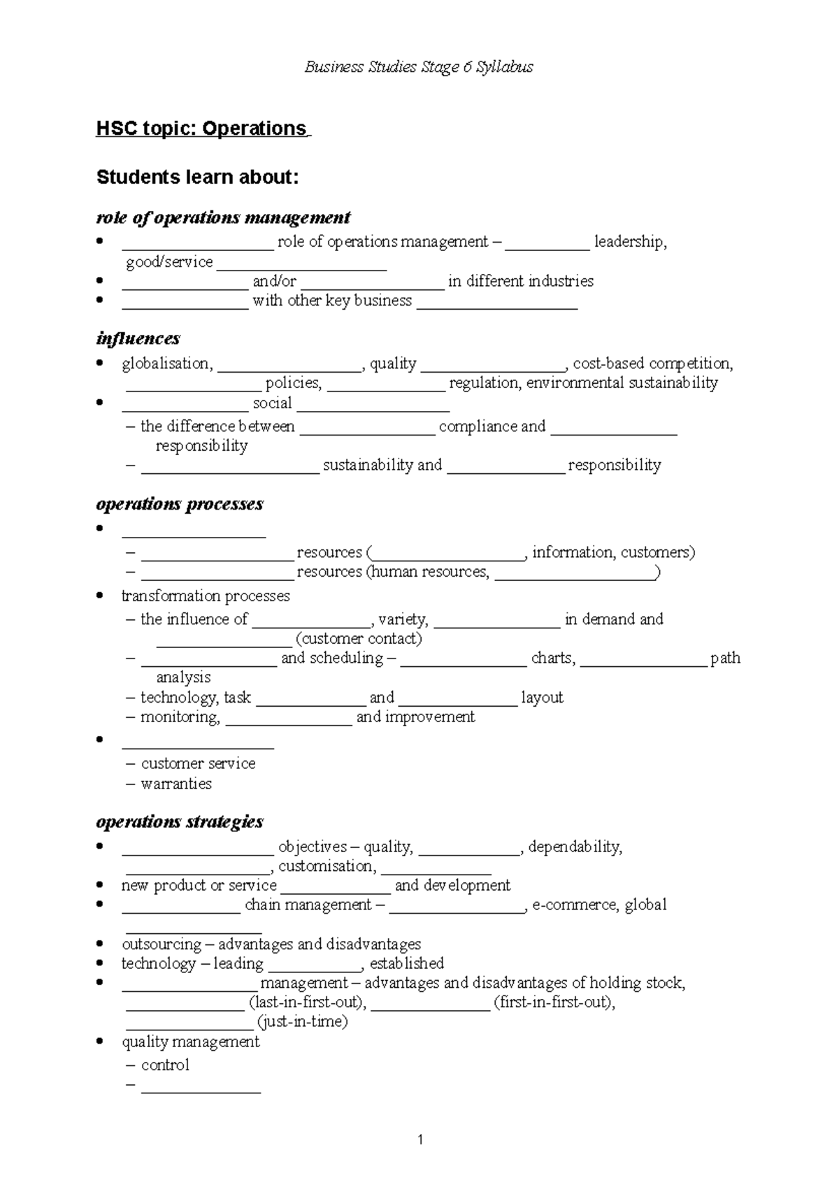 HSC Business Studies Syllabus Practice: Operations, Finance & HR ...