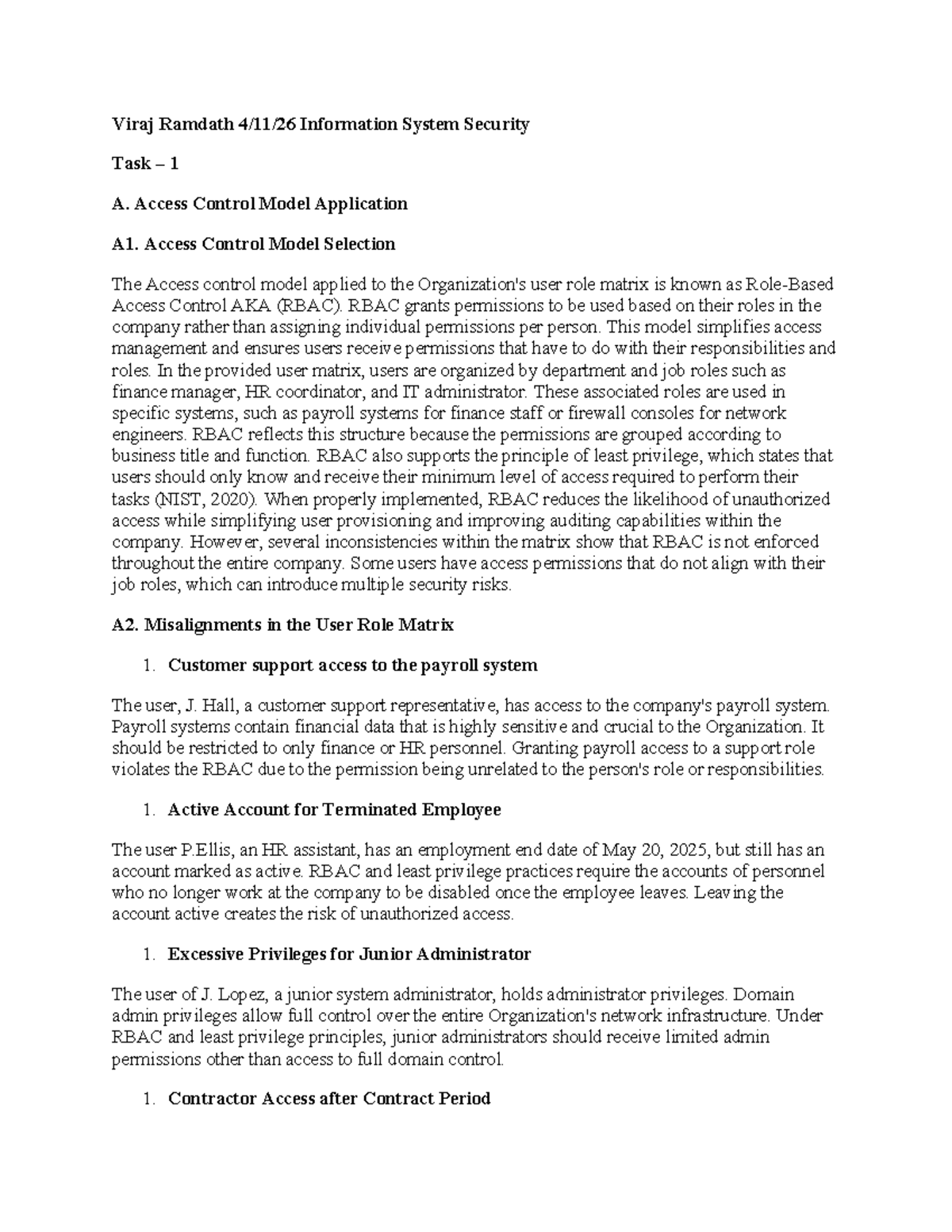 Information System Security Task 1: Access Control Model Analysis - Studocu