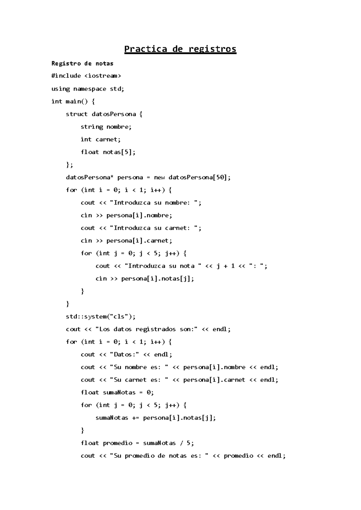 Práctica de Registros: Programas en C++ para Gestión de Datos - Studocu