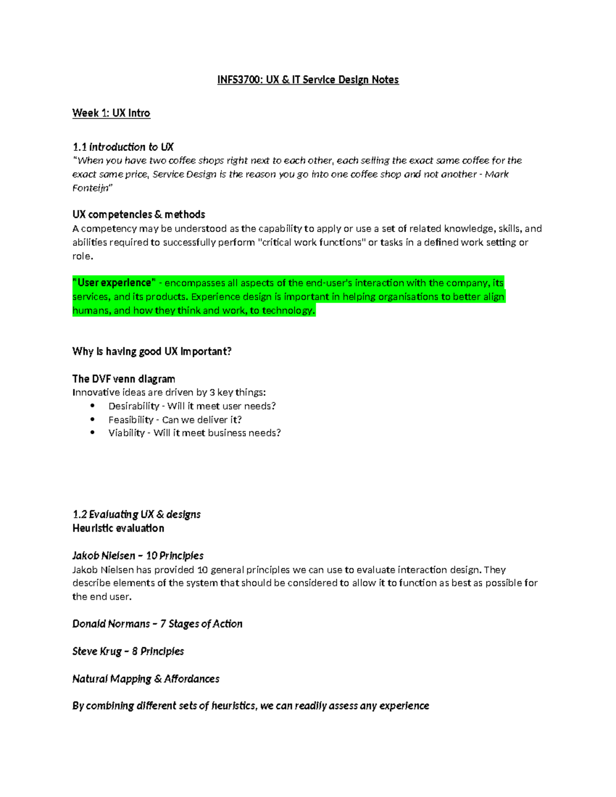INFS3700: UX IT Service Design Notes - Week 1 to Week 10 Overview - Studocu