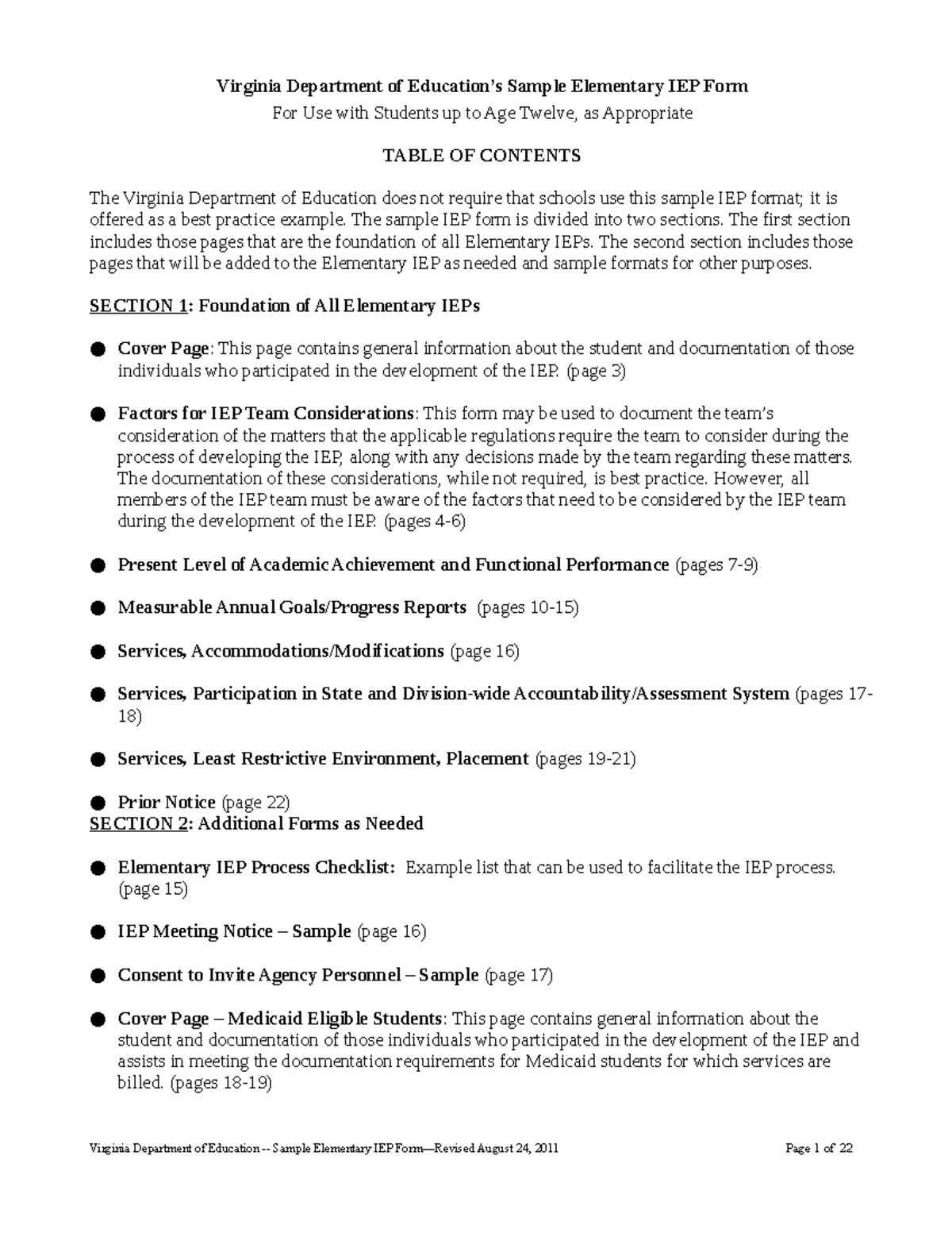EDSP 323 - IEP Assignment: Virginia Sample Elementary IEP Form - Studocu