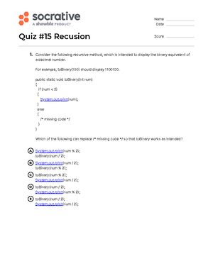 TB Recursion 01 MCQ - AP Stats Quiz 1 on Recursive Methods - Studocu