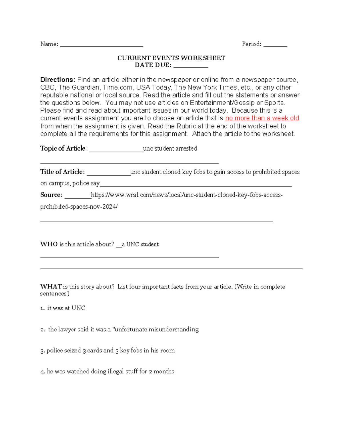 Current Events Worksheet: Article Analysis on UNC Student Incident ...