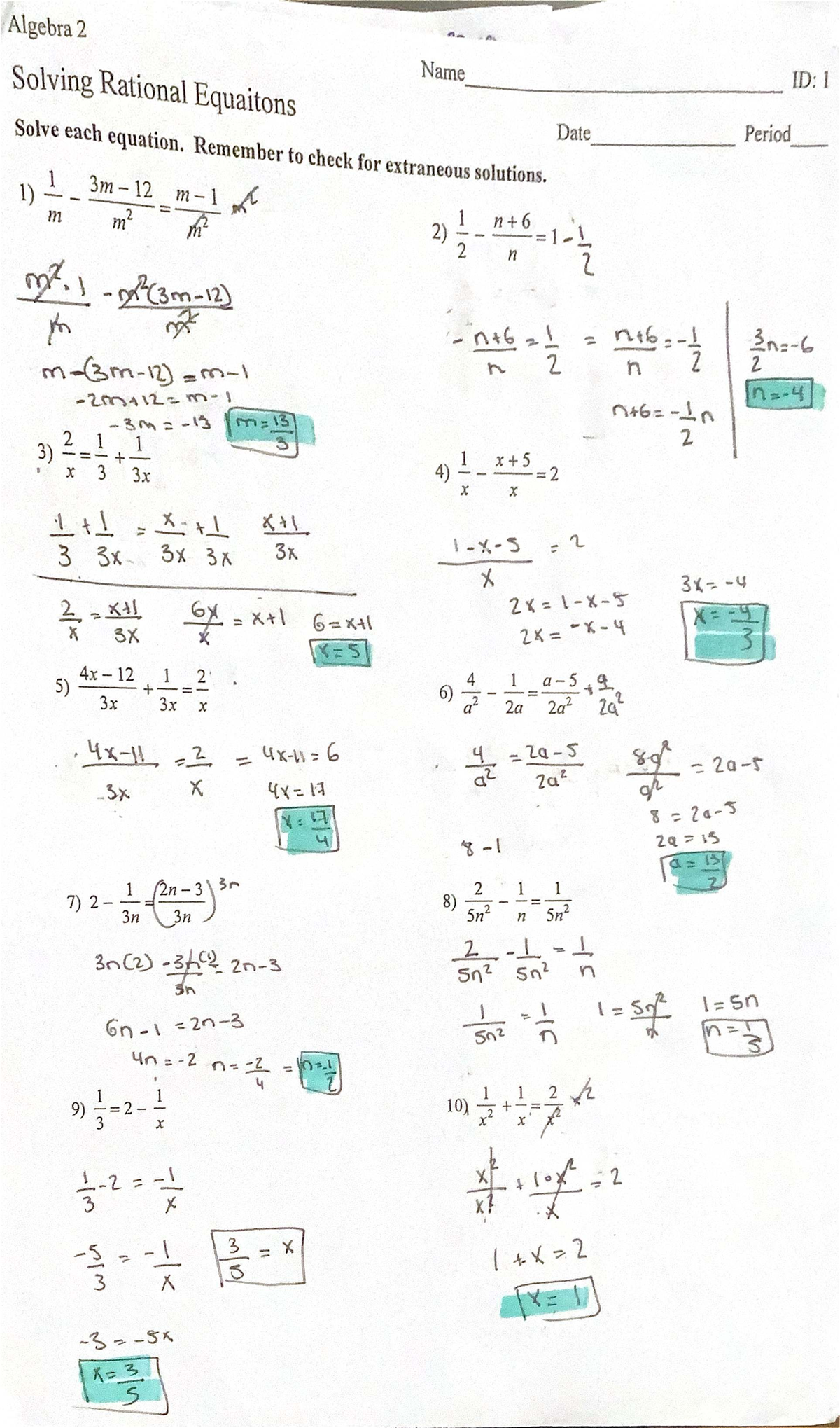 Algebra 2 - Practice on Solving Rational Equations and Rates - Studocu
