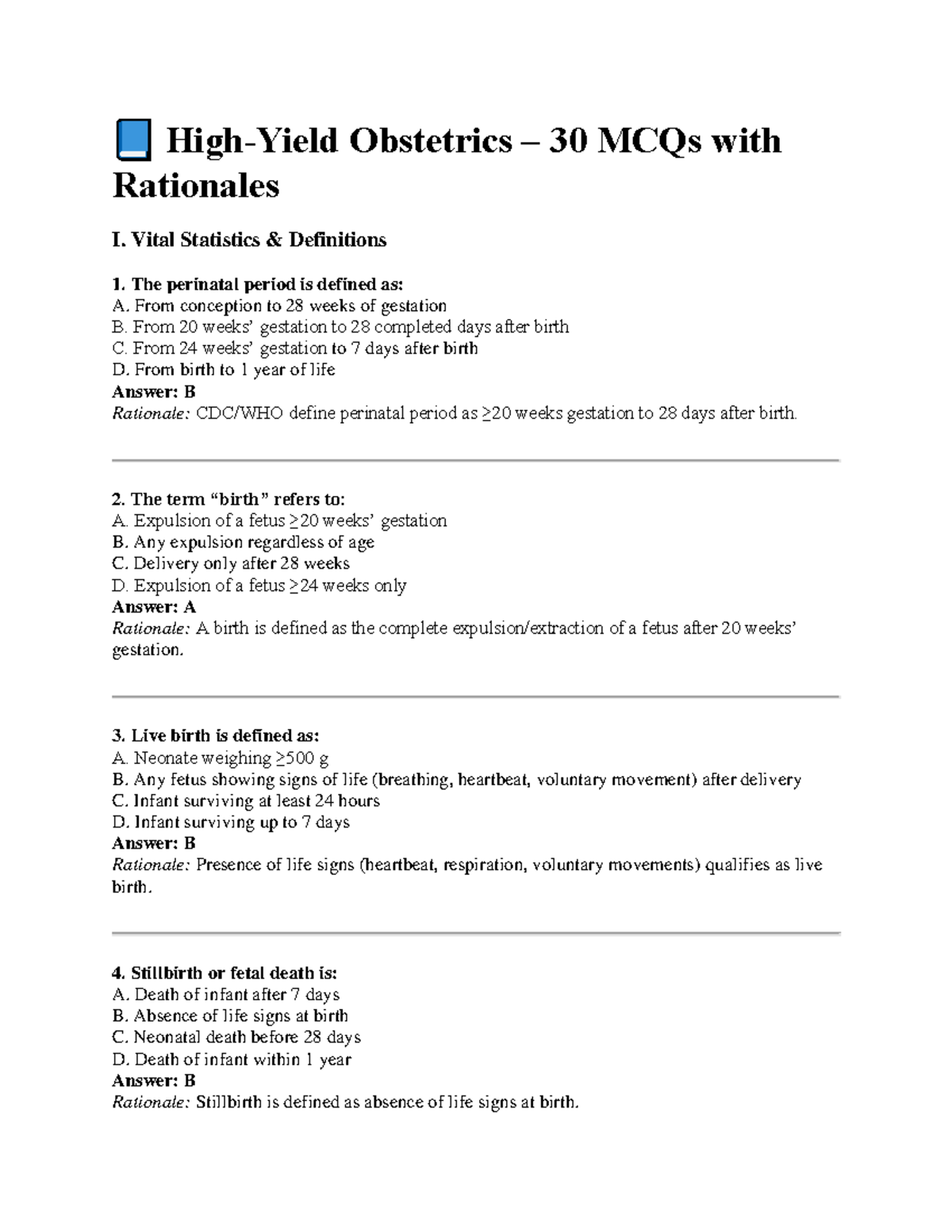 Obstetrics 30 MCQs with Rationales - Vital Statistics & Definitions ...