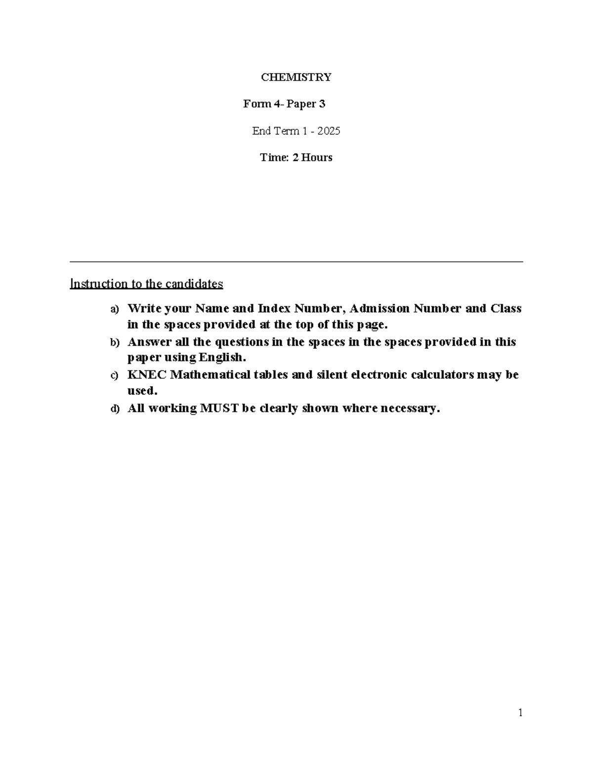 Chemistry PP3 MS - End Term 1 Revision Questions 2025 - Studocu