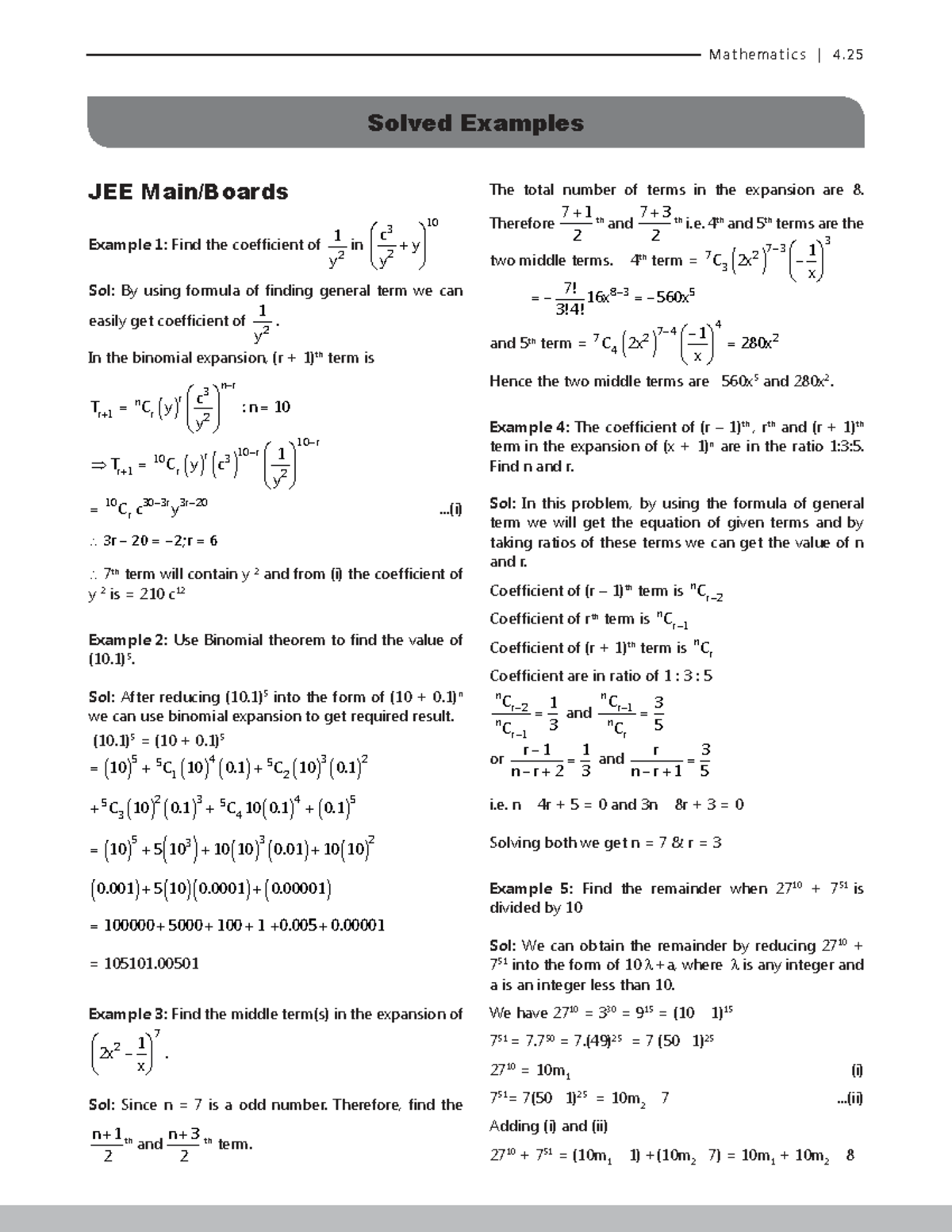 Mathematics 4.25 JEE Binomial Theorem Solved Examples and Exercises ...