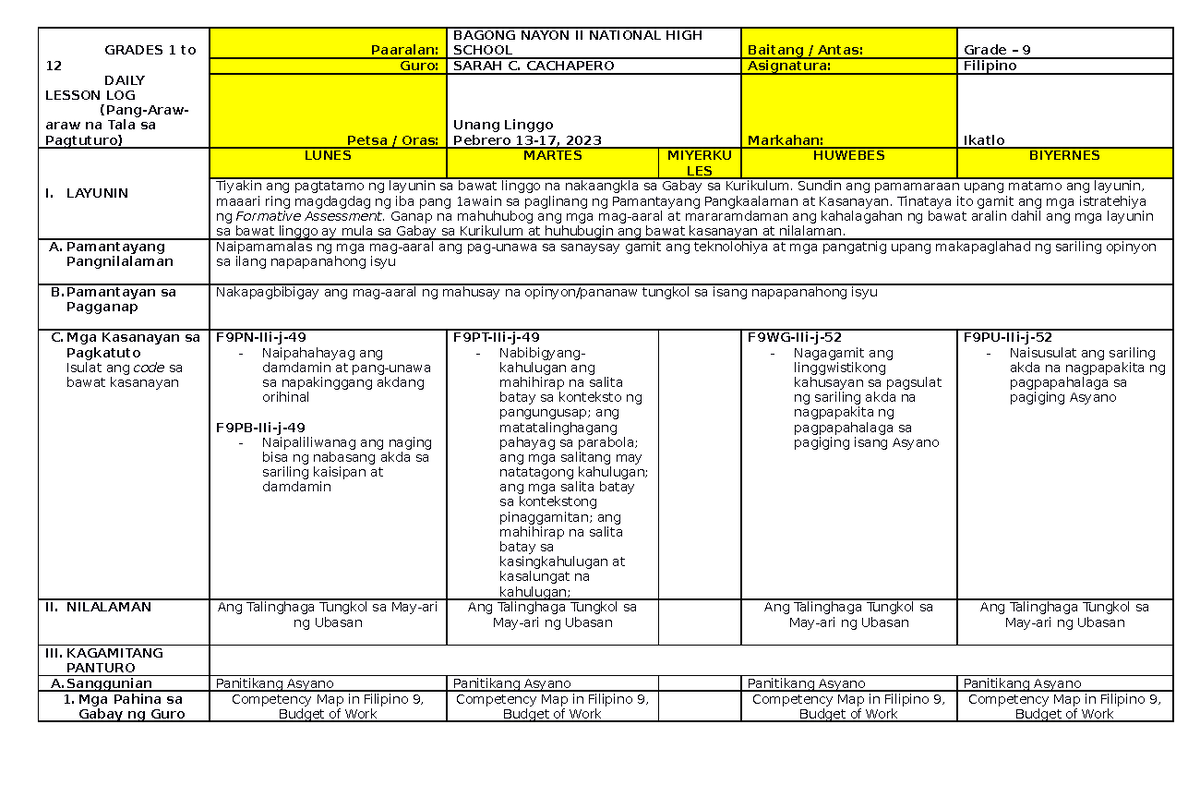 Filipino 9 - Daily Lesson Log for Lesson Plan (Feb 13-17, 2023) - Studocu