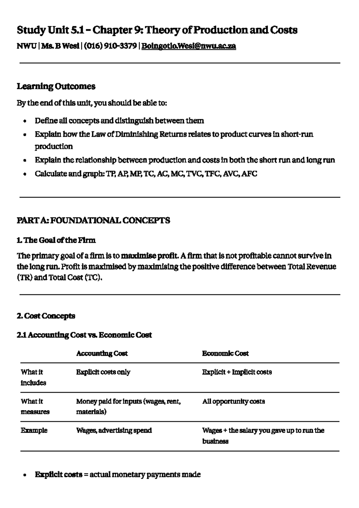 ECON 112 Chapter 9 Study Notes: Theory of Production & Costs - Studocu