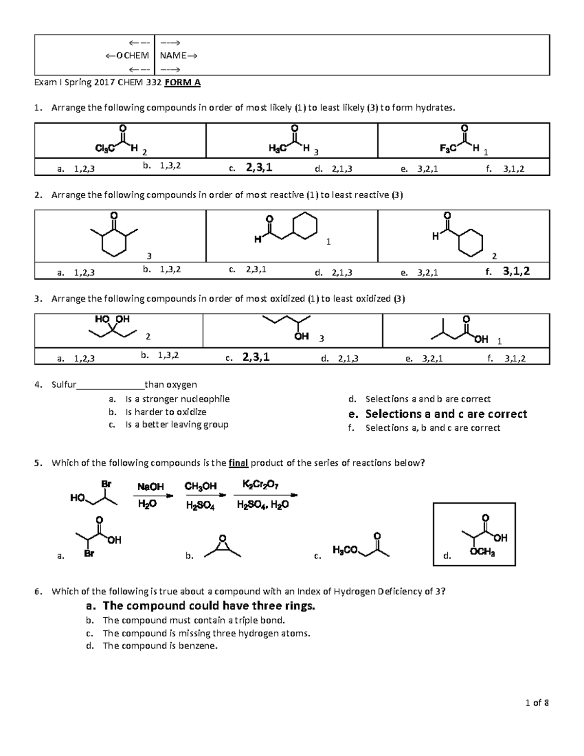 Exam I Spring 2017 CHEM 332 Key Solutions and Analysis - Studocu