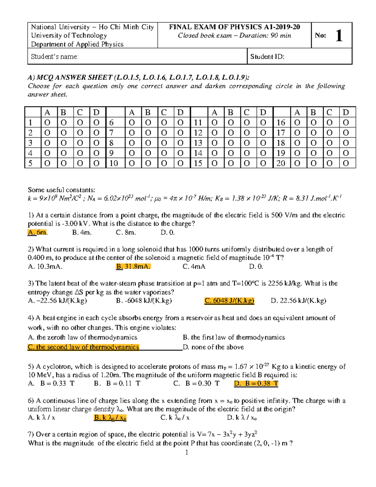 Final Exam PHYS 101 - National University of HCMC - Studocu
