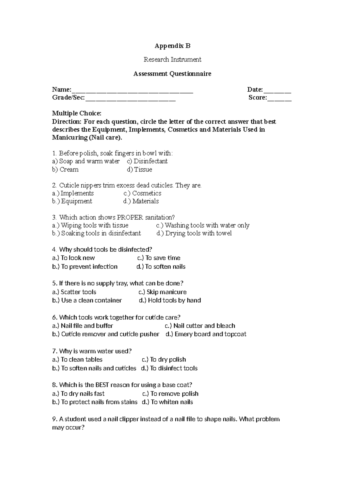 Appendix B: Manicuring Assessment Questionnaire (Nail Care) - Studocu