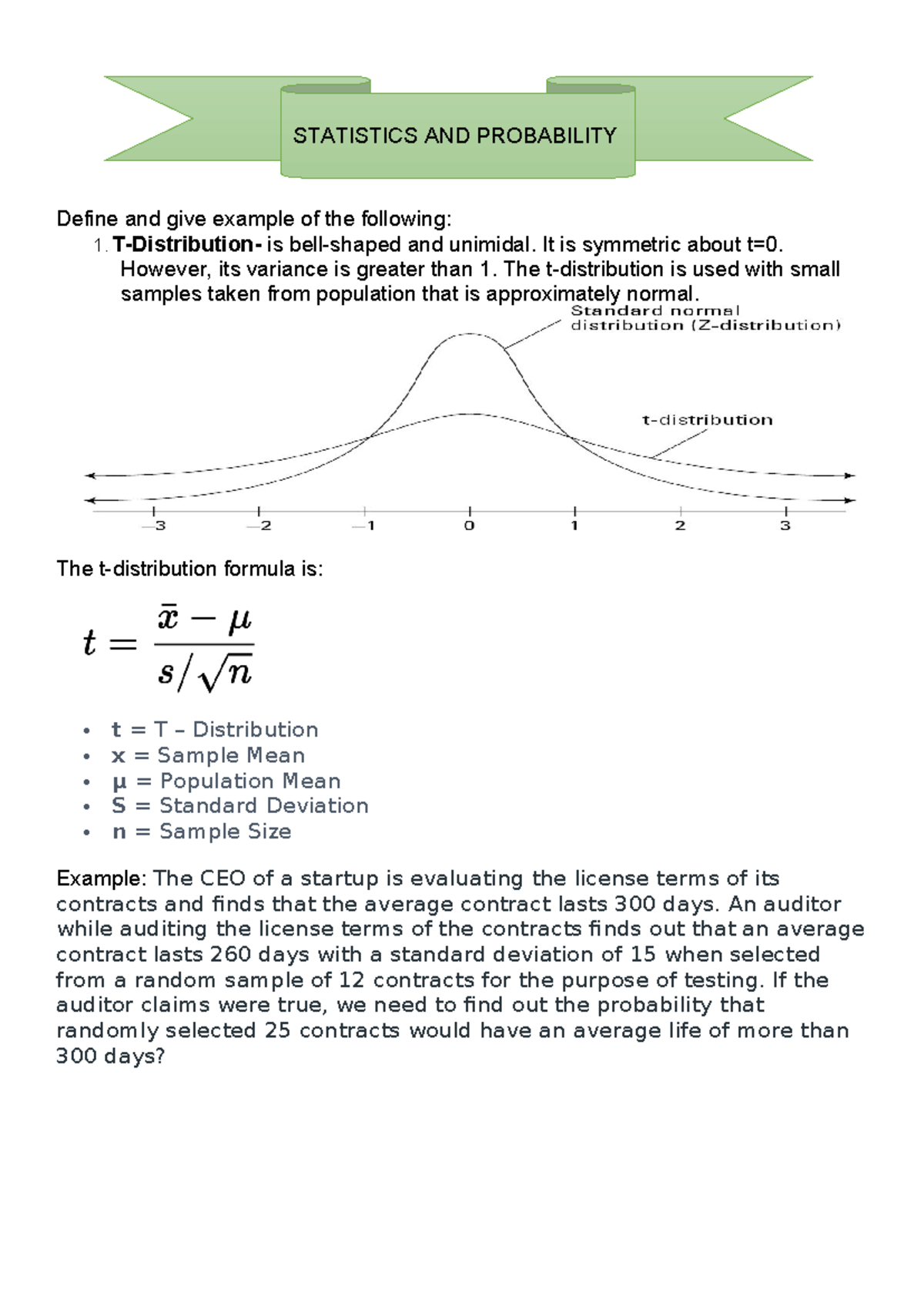 T-Distribution Overview and Examples - STATISTICS AND PROBABILITY - Studocu