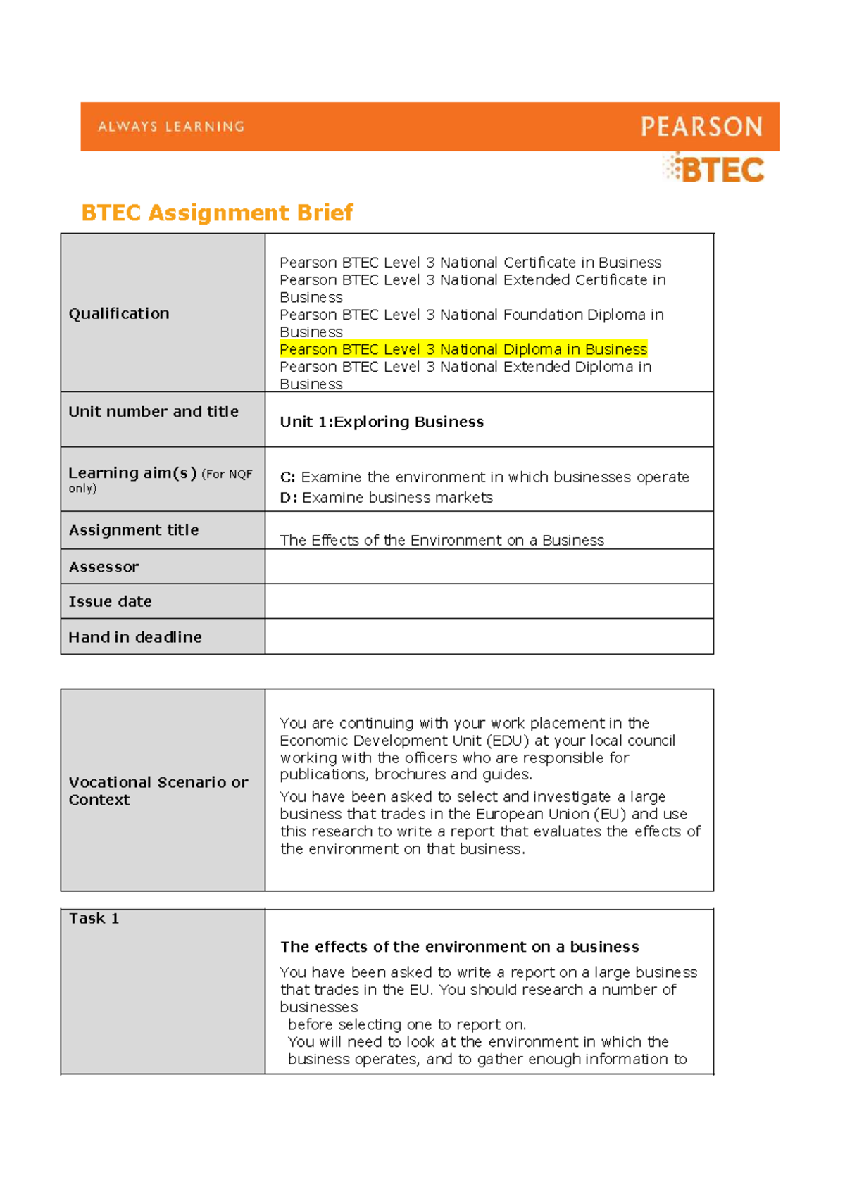AB Unit 1 - LA C & D: Effects of Environment on Business in EU - Studocu