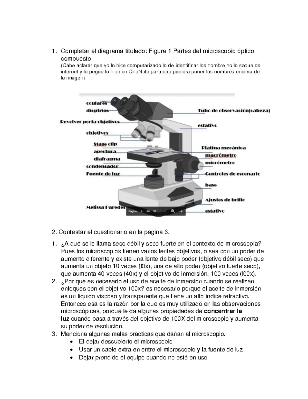 uso del microscopio - Completar el diagrama titulado: Figura 1 Partes ...