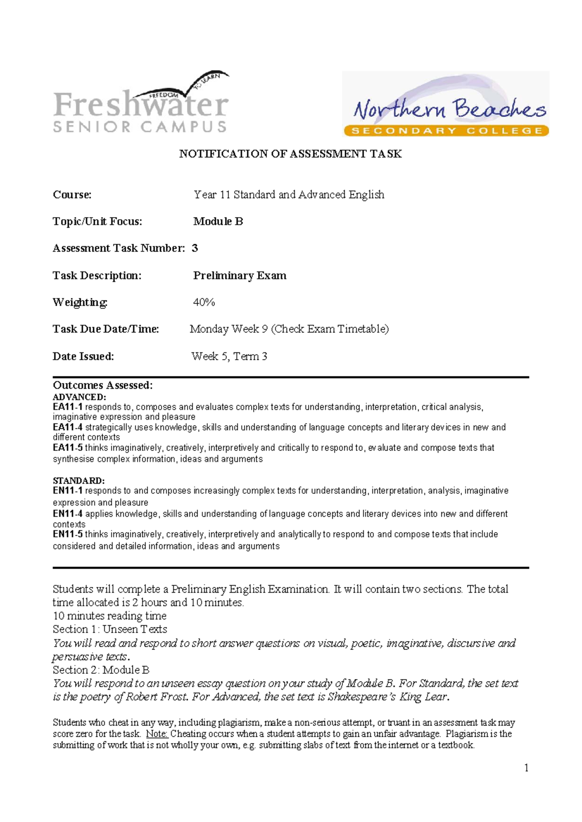 Year 11 Standard & Advanced English Preliminary Exam Notification 2025 ...