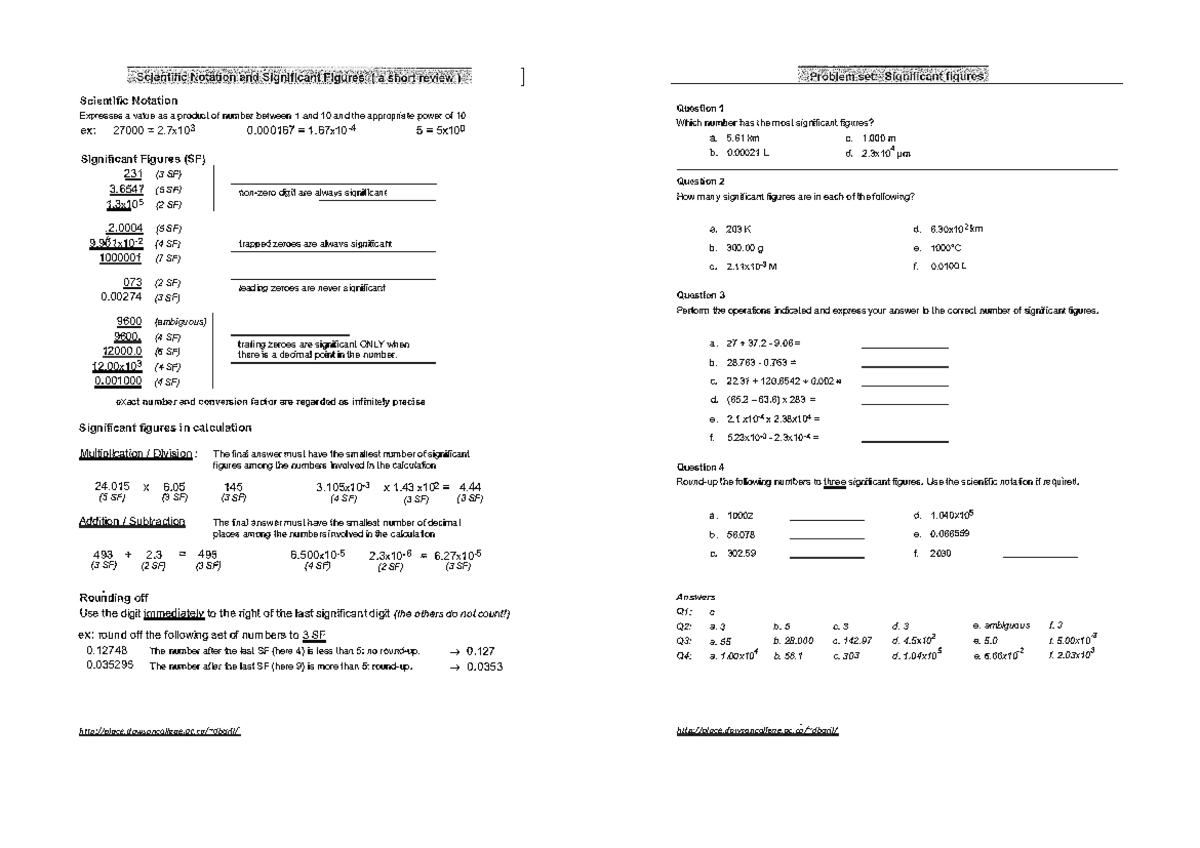 1.0 Significant Figures Worksheet - Scientific Notation Expresses a ...