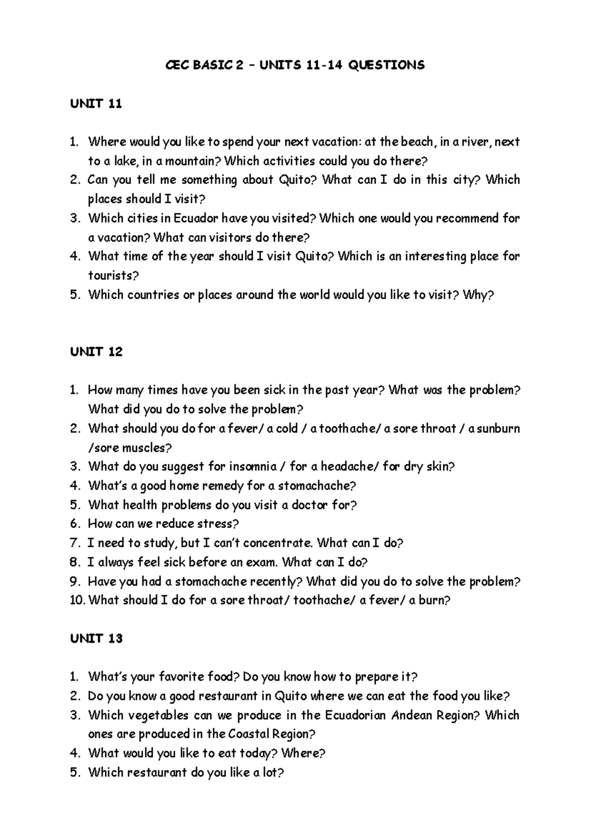 3.CEC Basic 2 - ORAL EXAM Questions for Units 11-14 - Studocu