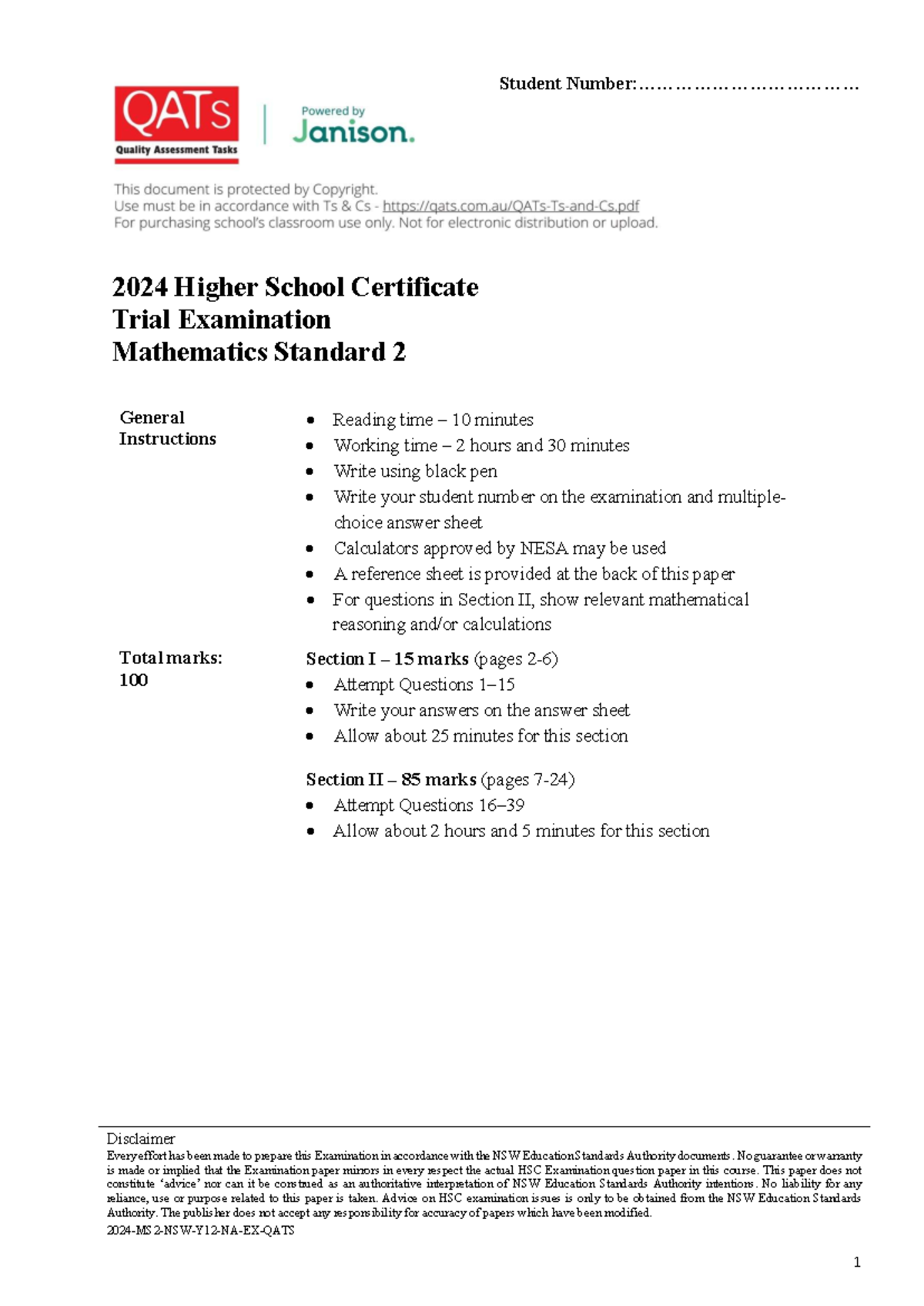 2024 HSC Trial Exam Mathematics Standard 2 (QATS) - Studocu