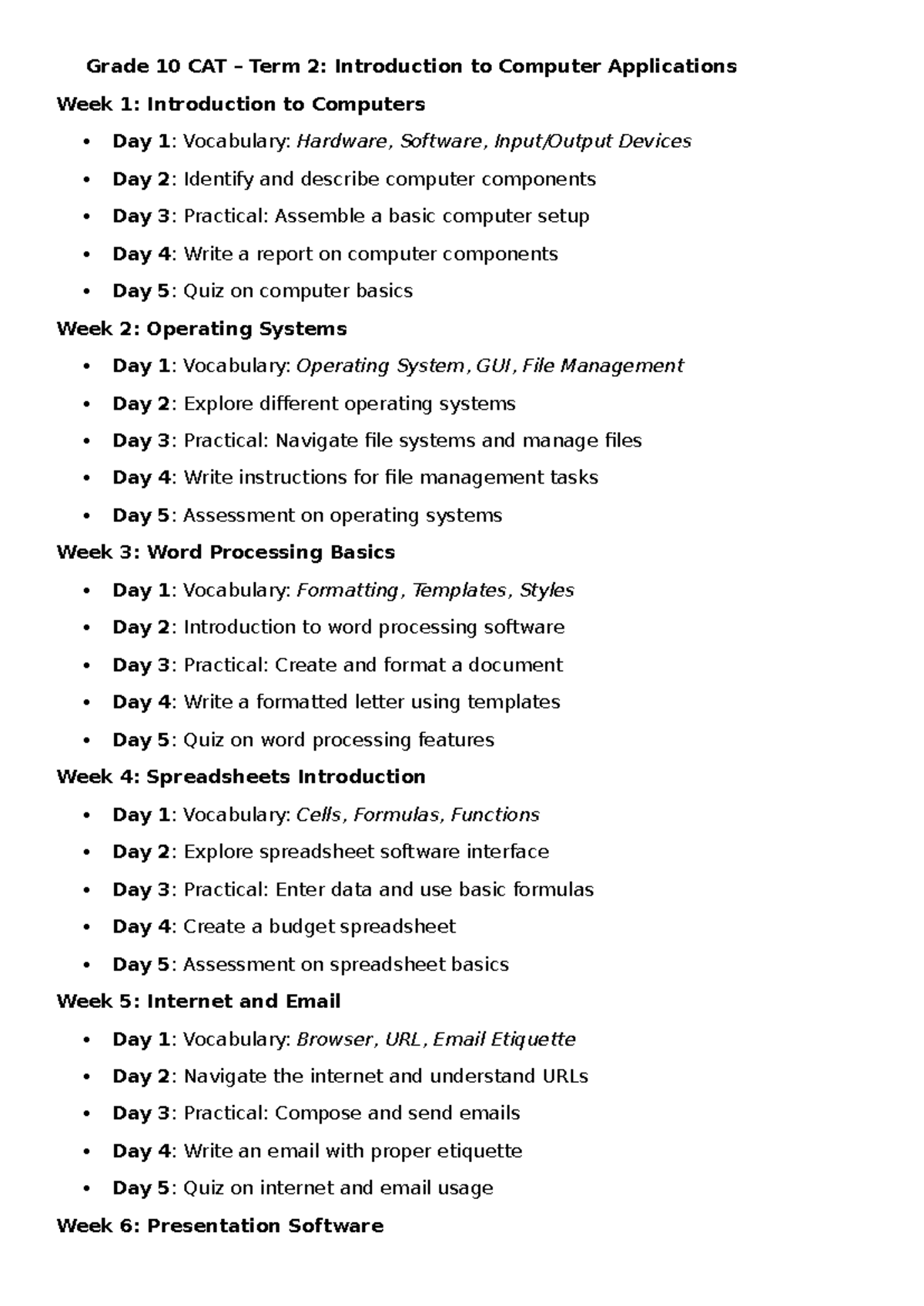 Grade 10 & 12 CAT Term 2 Lesson Plans: Computer Apps & Project Mgmt ...