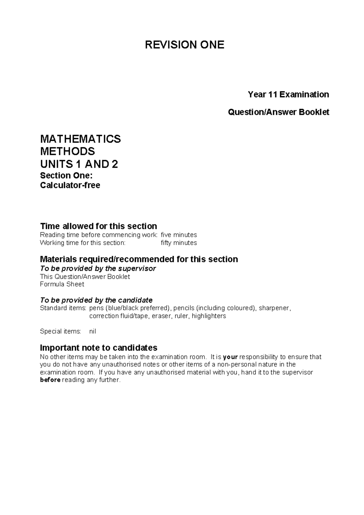 Year 11 Mathematics Methods Units 1 & 2 Exam Revision Booklet - Studocu