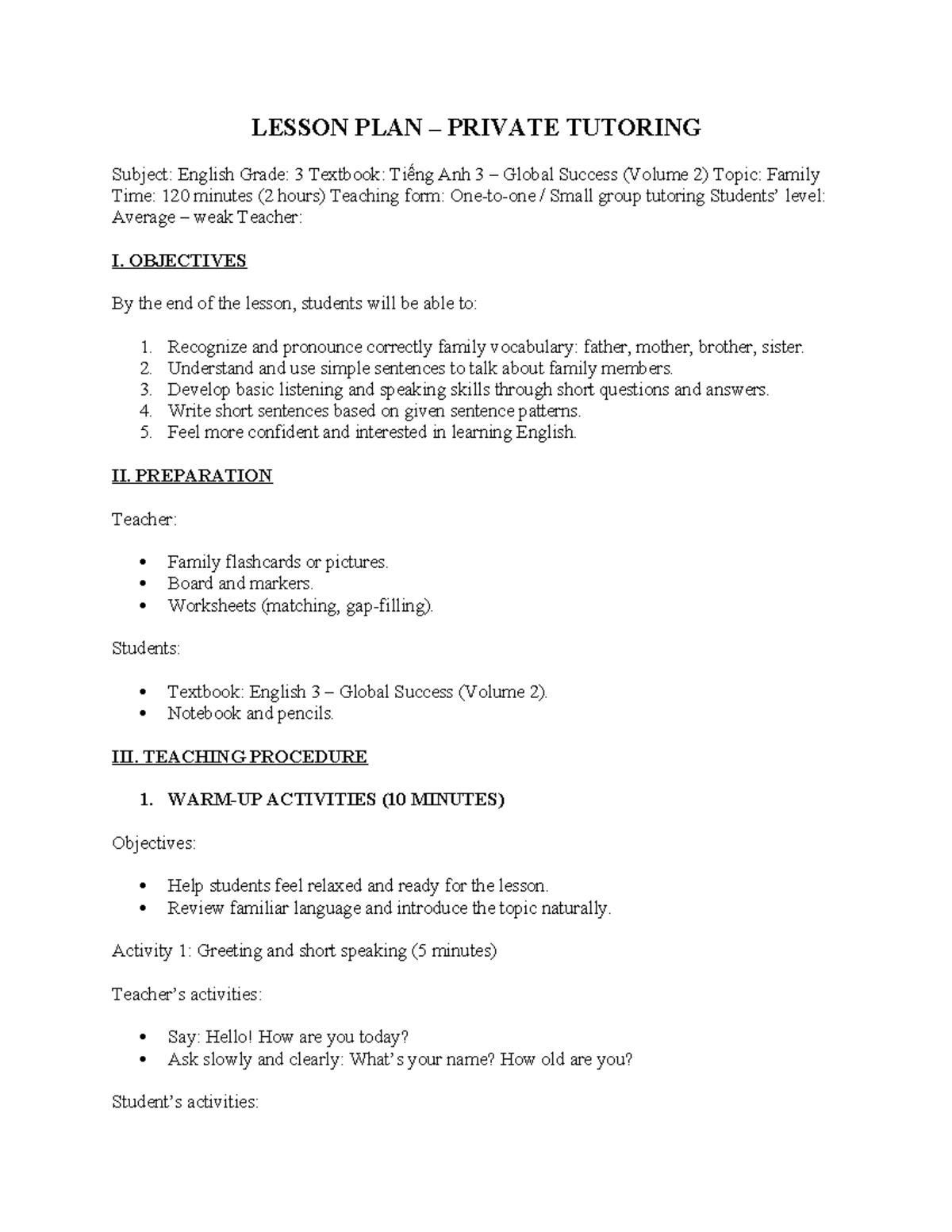 LESSON PLAN TA3: Family Vocabulary for English Grade 3 - Studocu