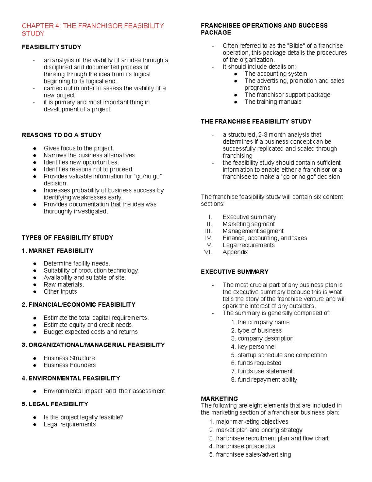 Franchising - Midterm: Chapter 4 Feasibility Study Insights - Studocu