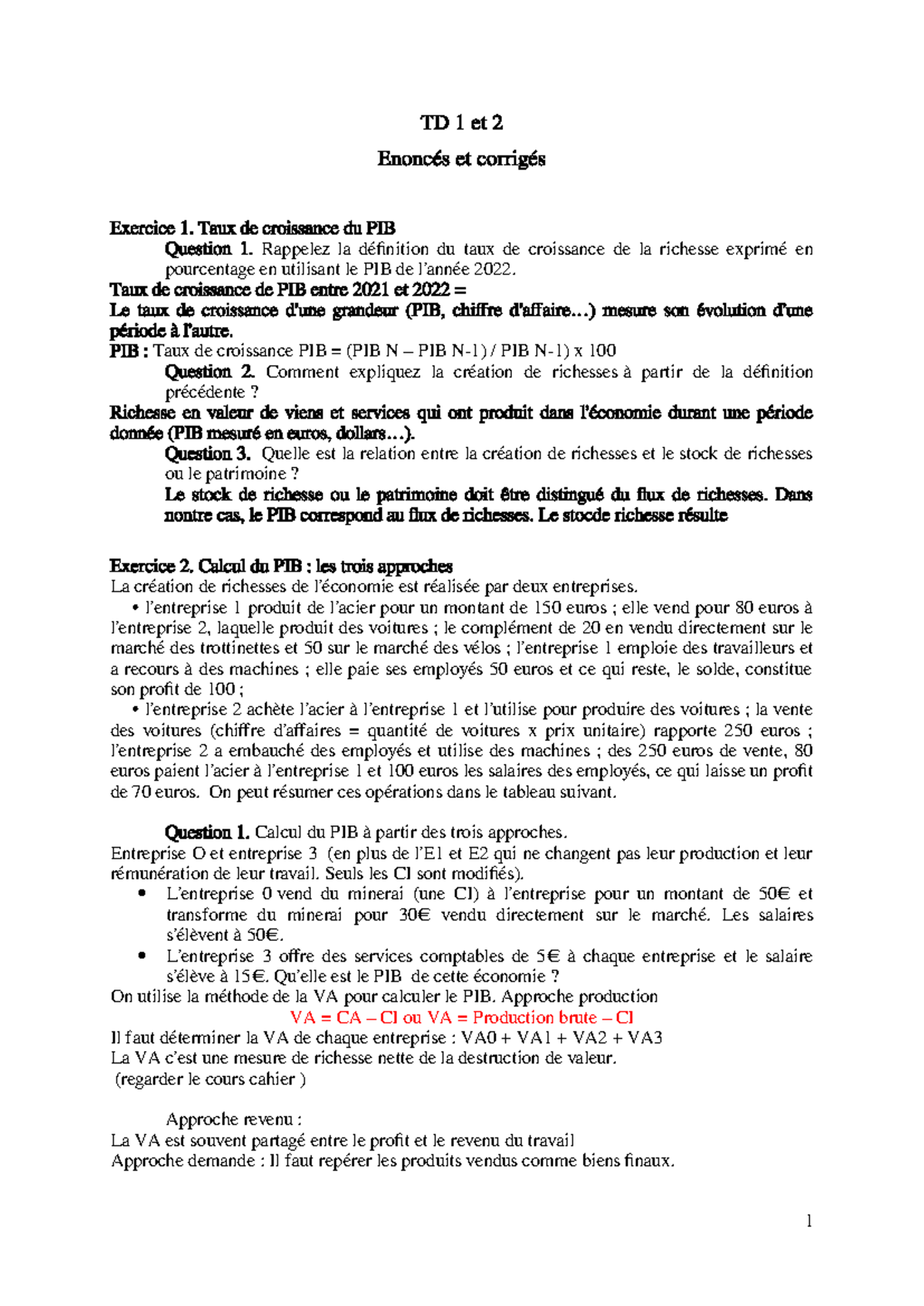 TD 1 et 2 - Enoncés et Corrigés sur le PIB et sa Croissance - Studocu
