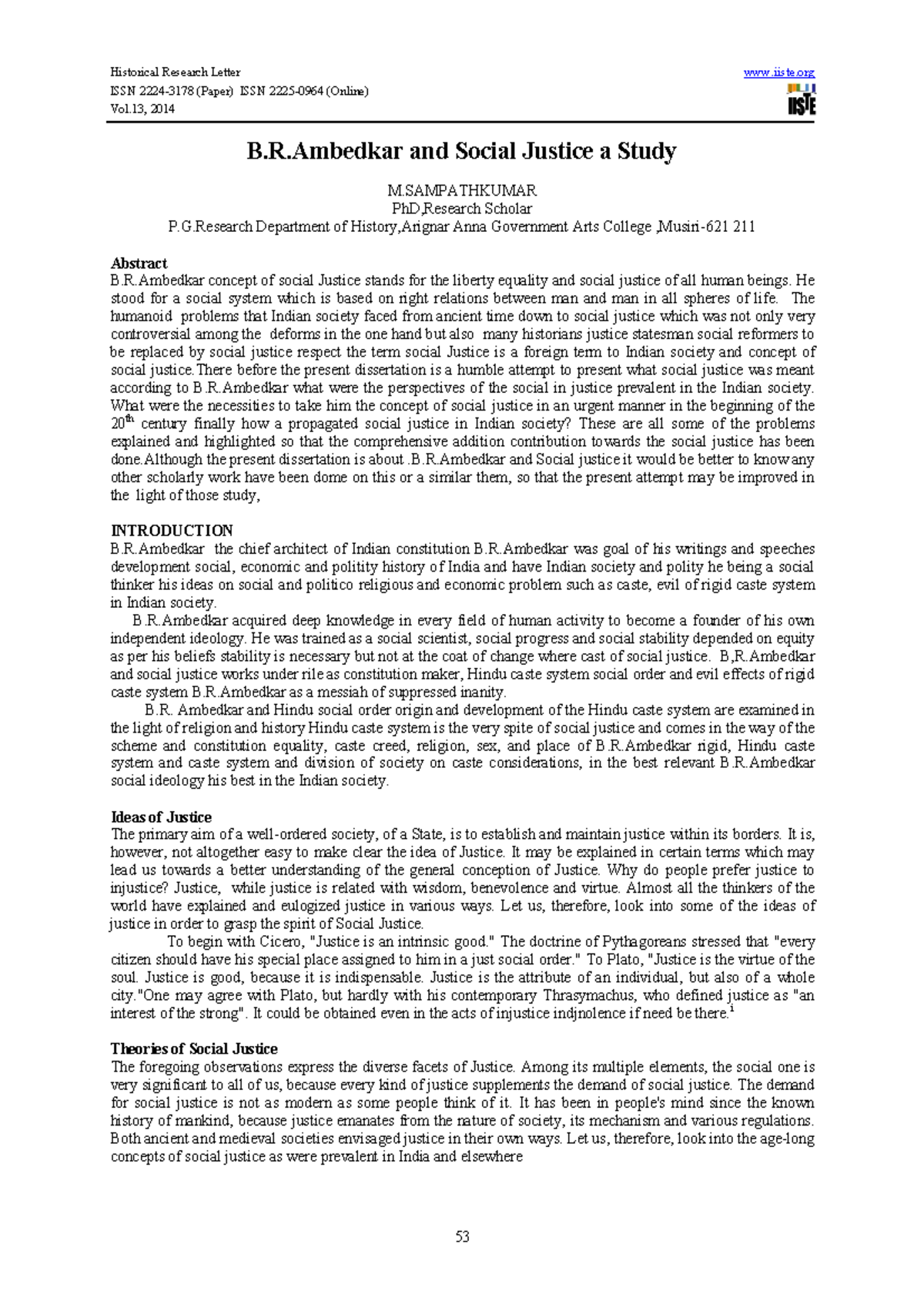 B.R. Ambedkar and Social Justice: A Comprehensive Study (ISSN 2014 ...