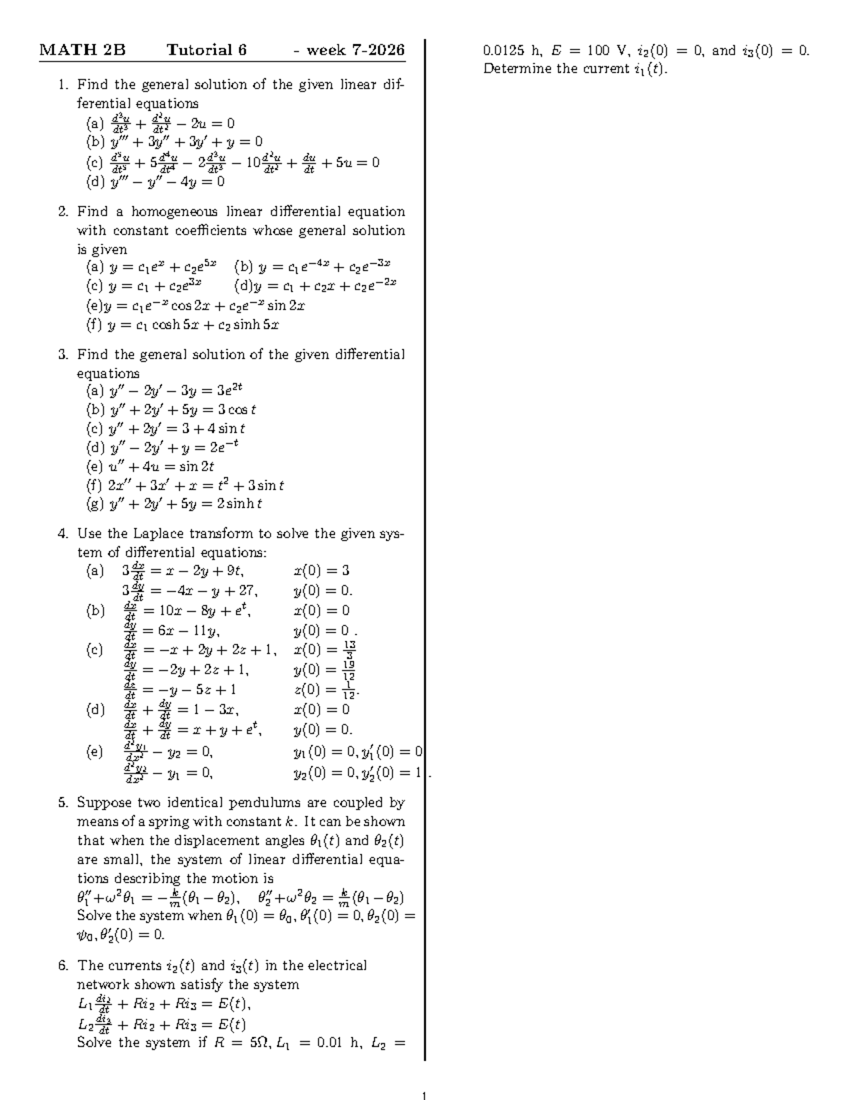 MATH 2B Tutorial 6: General Solutions & Laplace Transforms - Studocu