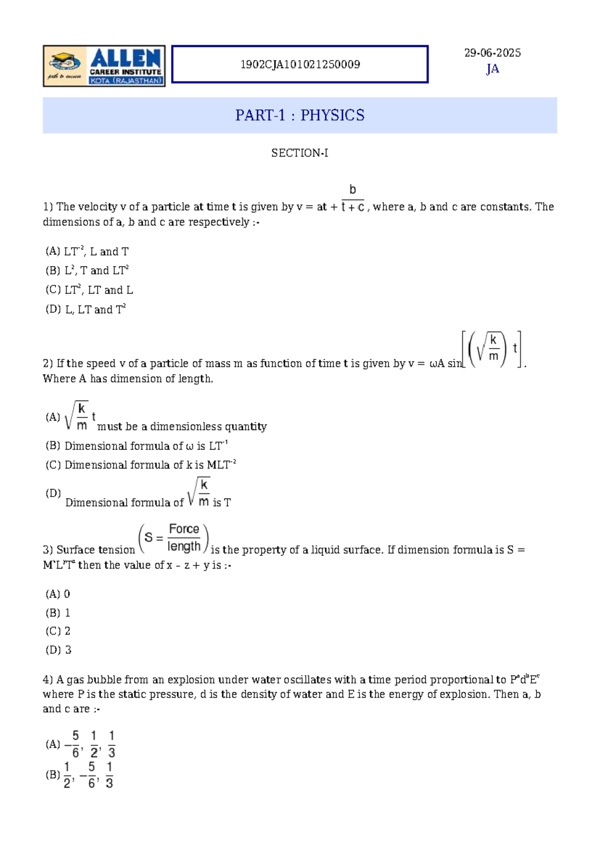 Allen Test Paper 5: Physics, Chemistry & Mathematics Solutions - Studocu