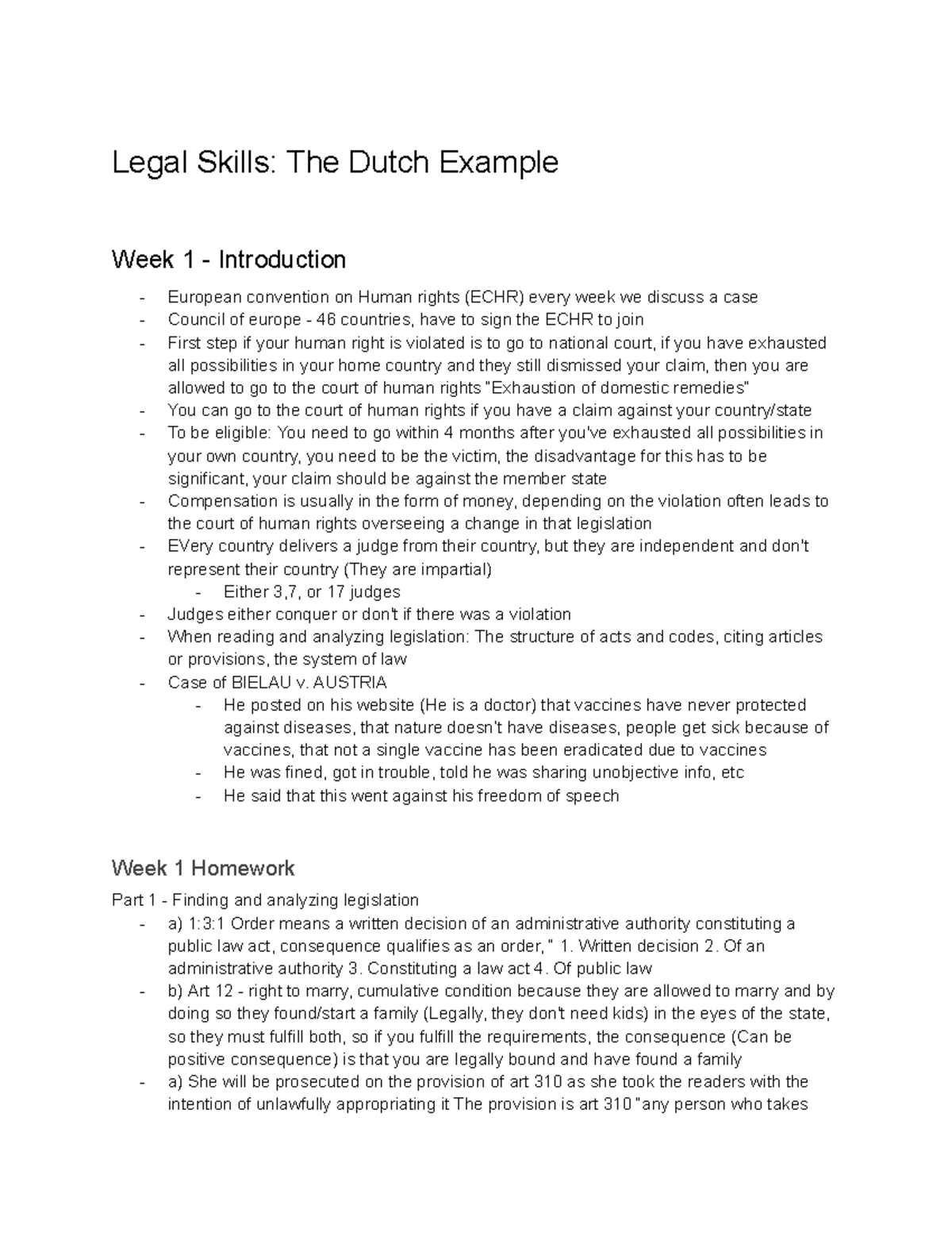 Legal Skills: The Dutch Example - Week 1 Overview of ECHR - Studeersnel